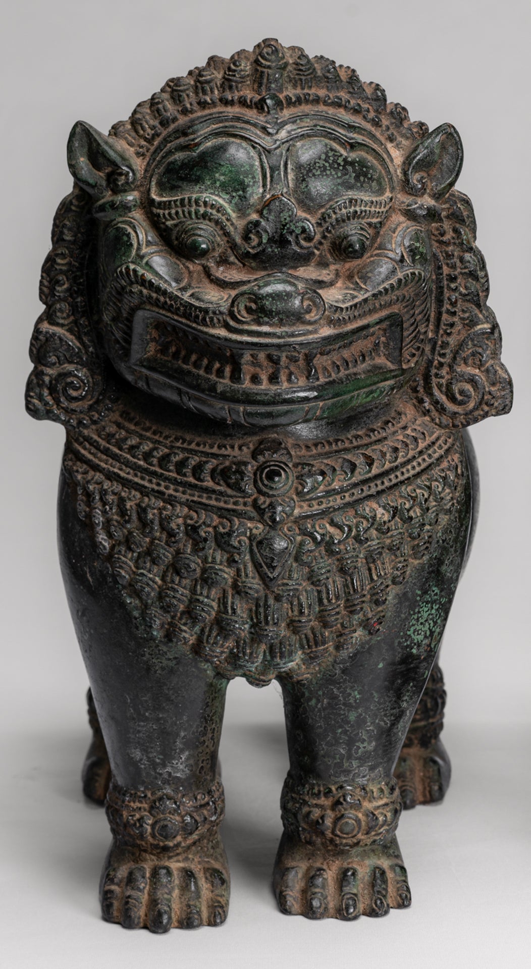 Temple Lion - Antique Khmer Style Bronze Standing Temple Guardian or Lion - 31cm/12" (Pair)