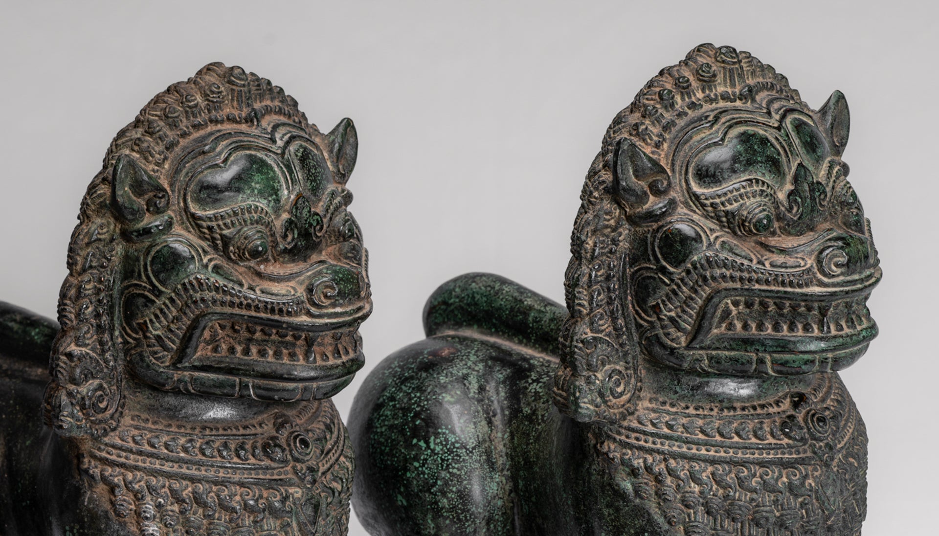 Temple Lion - Antique Khmer Style Bronze Standing Temple Guardian or Lion - 31cm/12" (Pair)