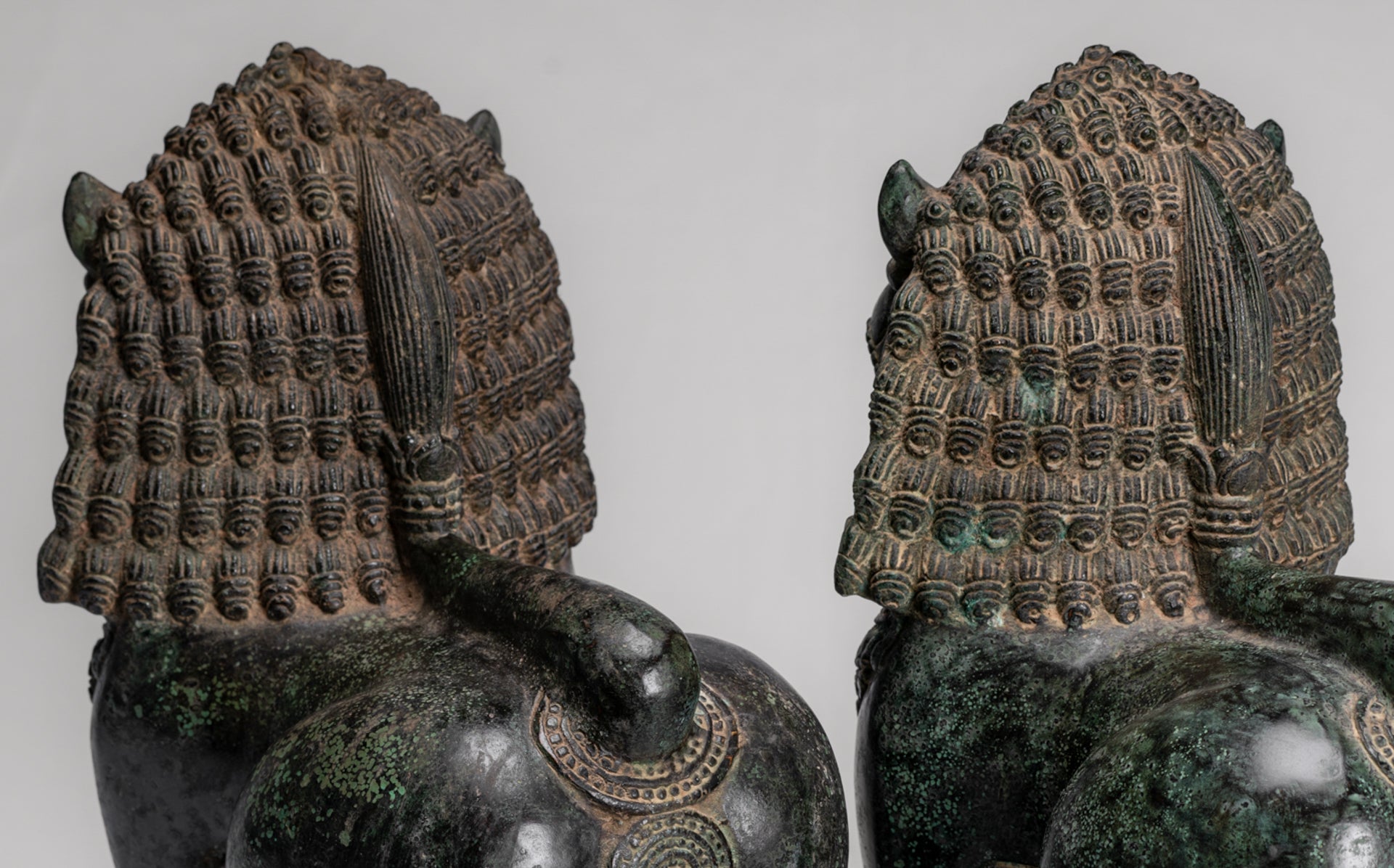 Temple Lion - Antique Khmer Style Bronze Standing Temple Guardian or Lion - 31cm/12" (Pair)