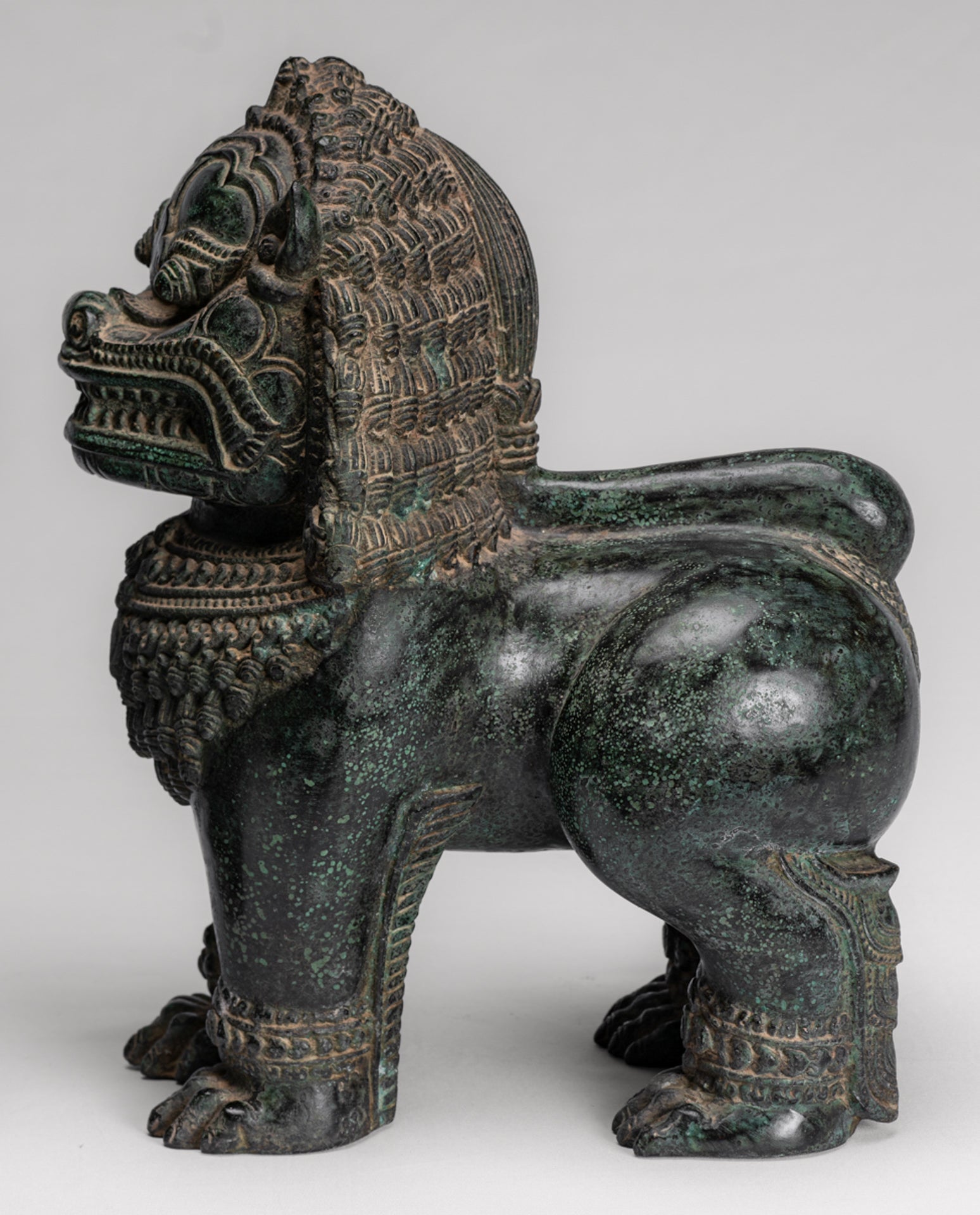 Temple Lion - Antique Khmer Style Bronze Standing Temple Guardian or Lion - 31cm/12" (Pair)