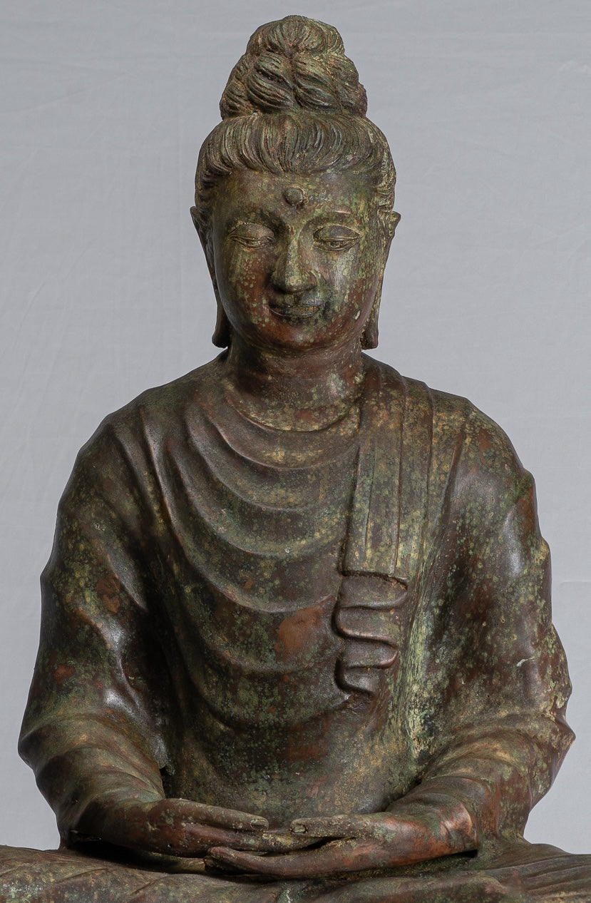 Indian Buddha Statue - Antique Gandhara Style Bronze Meditation Buddha Statue - 70cm/28"