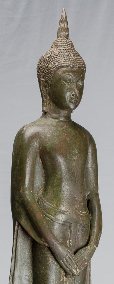 Statue antique de Bouddha pensif en bronze debout d'Ayutthaya de style thaïlandais - 99 cm/40"