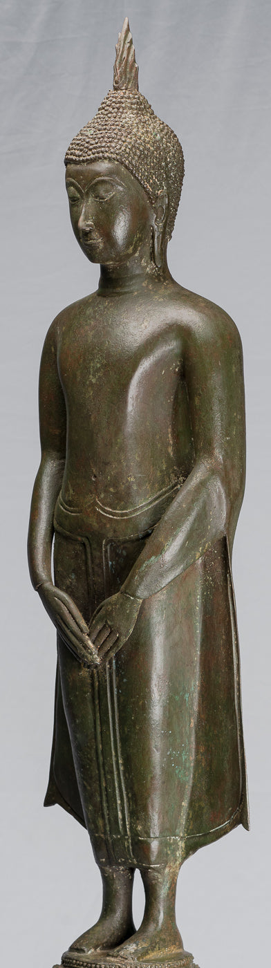 Statue antique de Bouddha pensif en bronze debout d'Ayutthaya de style thaïlandais - 99 cm/40"