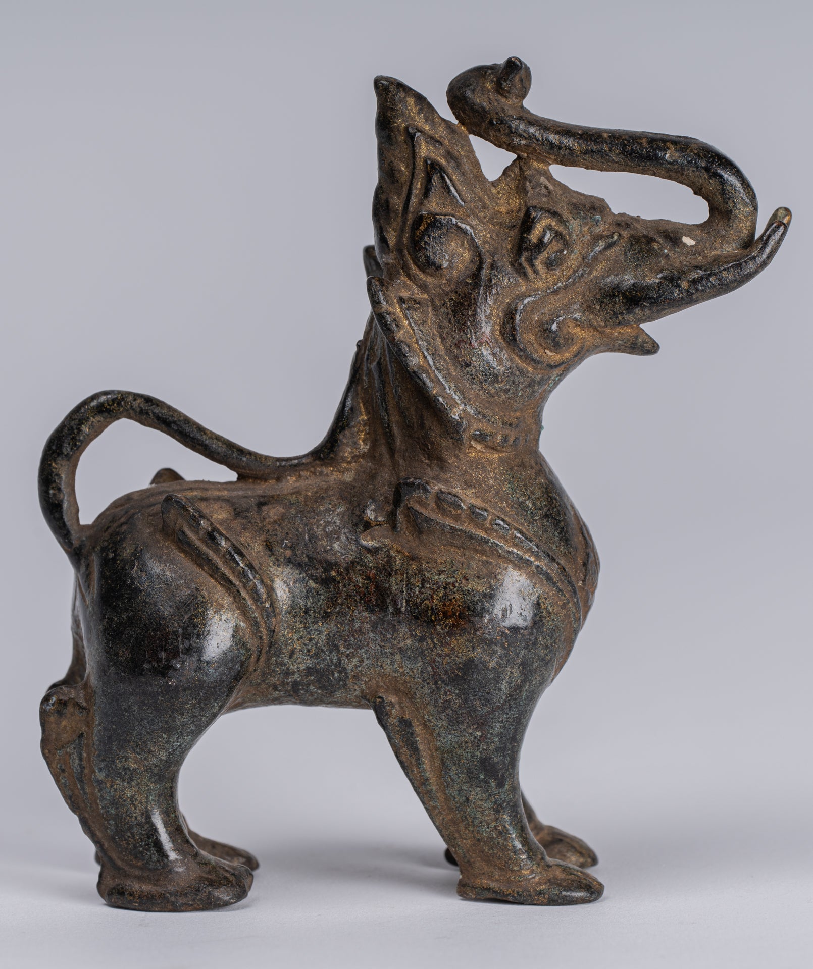 Antique Burmese Style Bronze Standing Chinthe Guardian Temple Lion - 11.5cm/5"