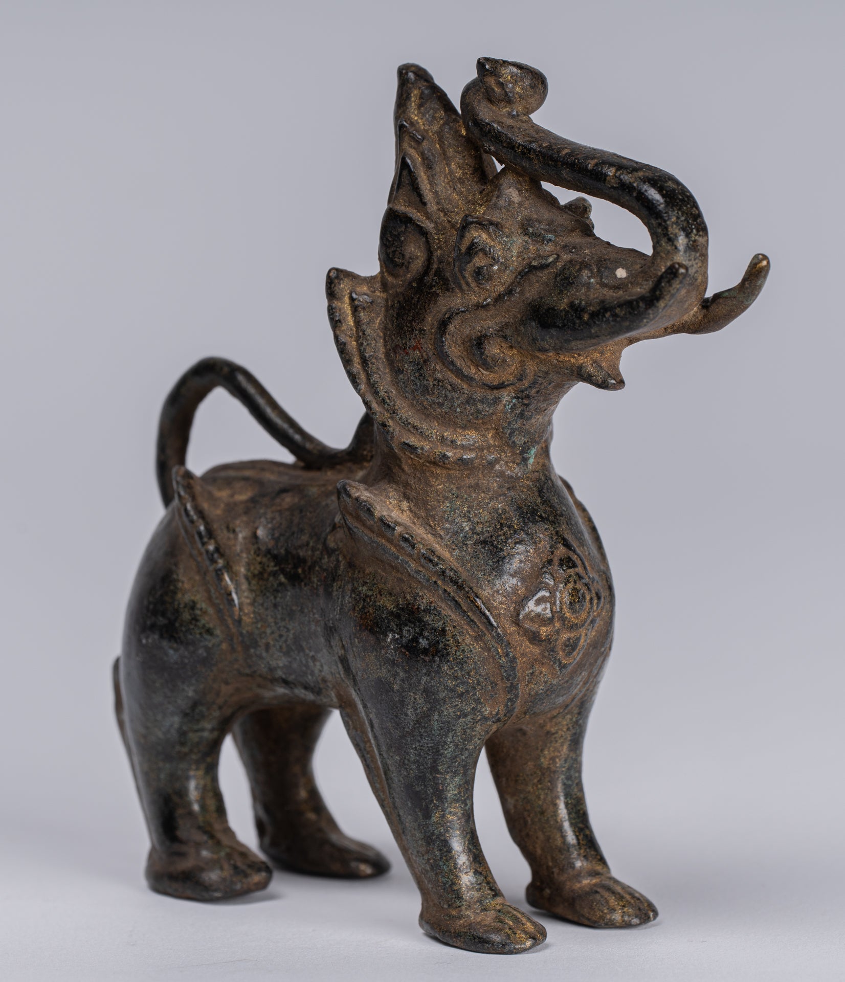 Antique Burmese Style Bronze Standing Chinthe Guardian Temple Lion - 11.5cm/5"