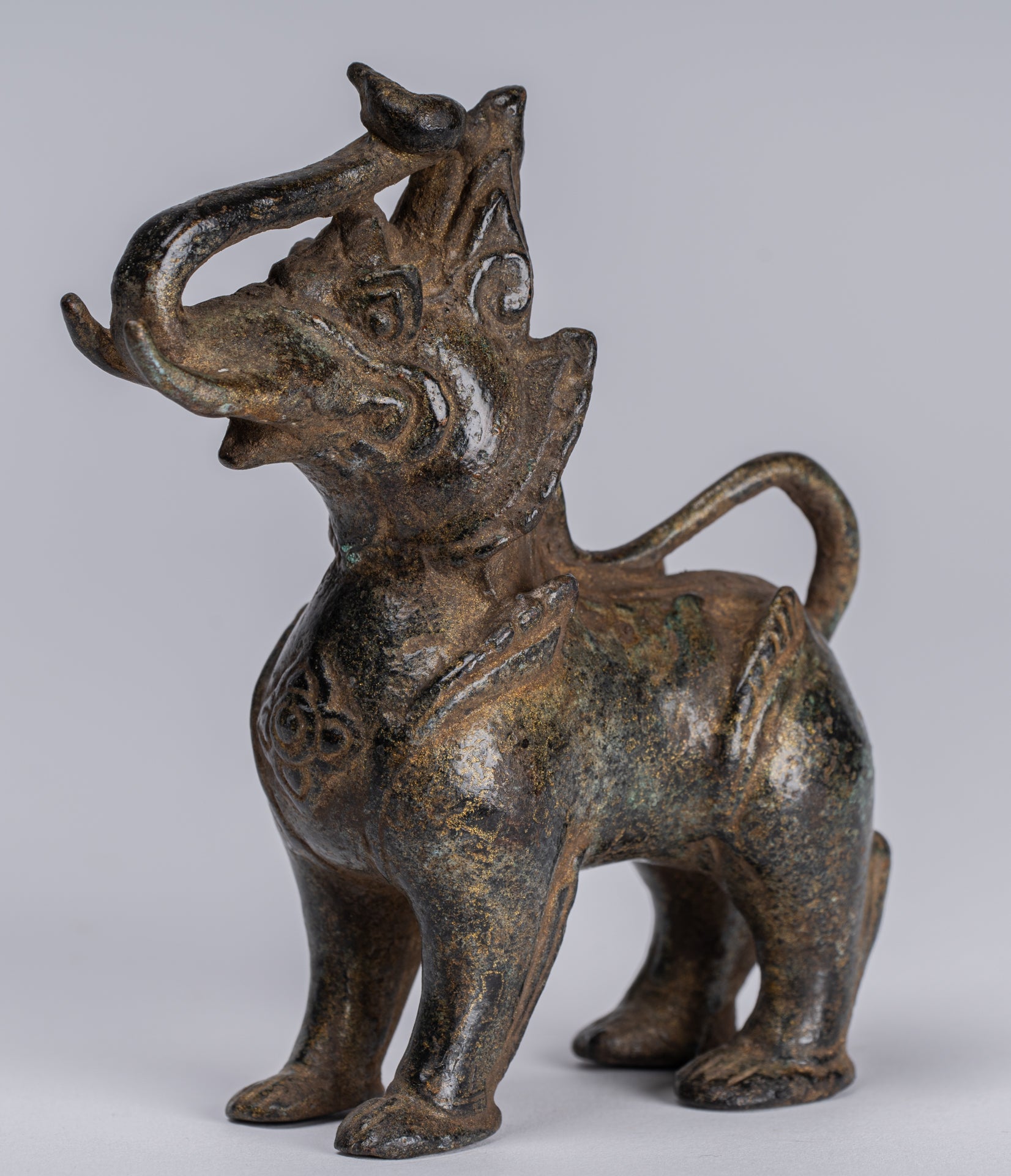 Antique Burmese Style Bronze Standing Chinthe Guardian Temple Lion - 11.5cm/5"