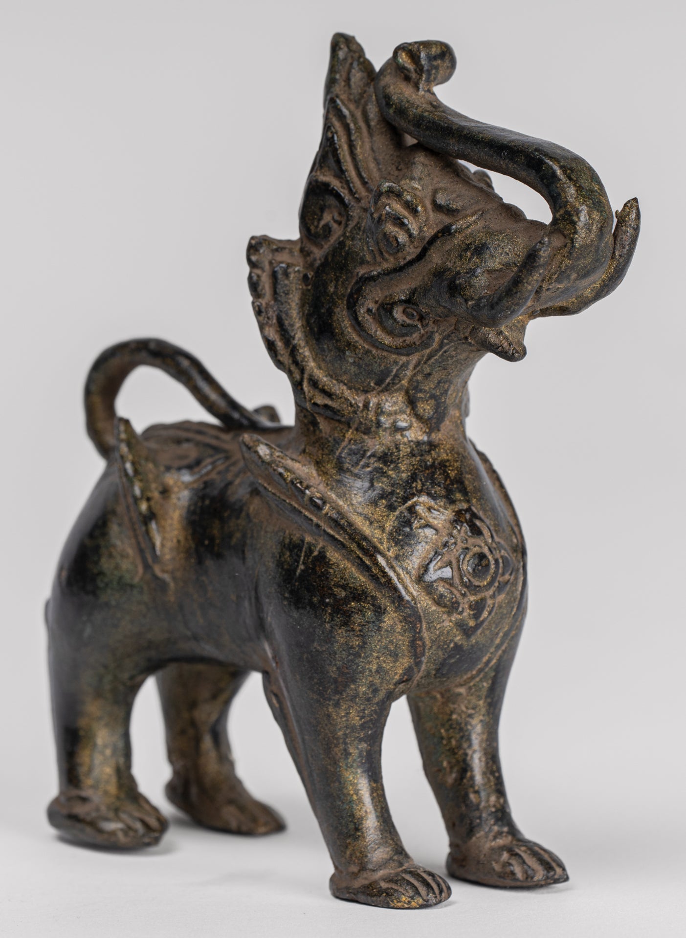 Antique Burmese Style Bronze Standing Chinthe Guardian Temple Lion - 11.5cm/5"