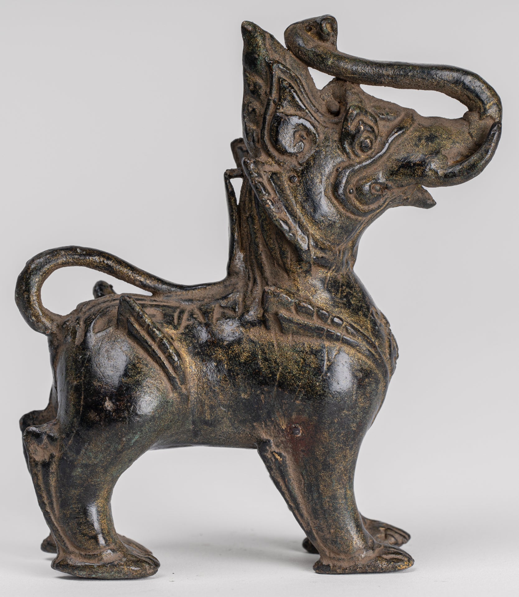 Antique Burmese Style Bronze Standing Chinthe Guardian Temple Lion - 11.5cm/5"