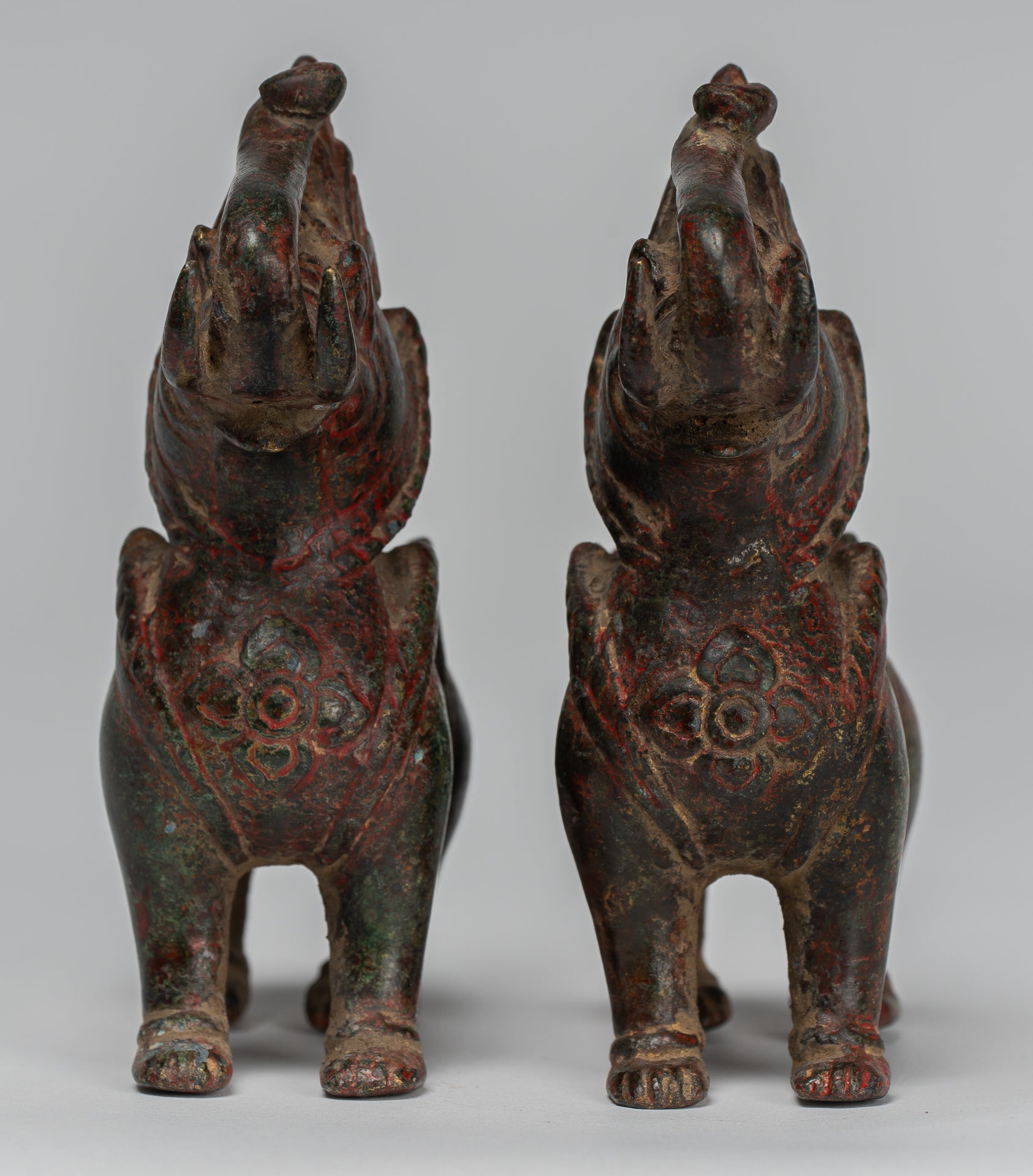 Antique Burmese Style Bronze Standing Chinthe Guardian Temple Lions - 11.5cm/5" (Pair)