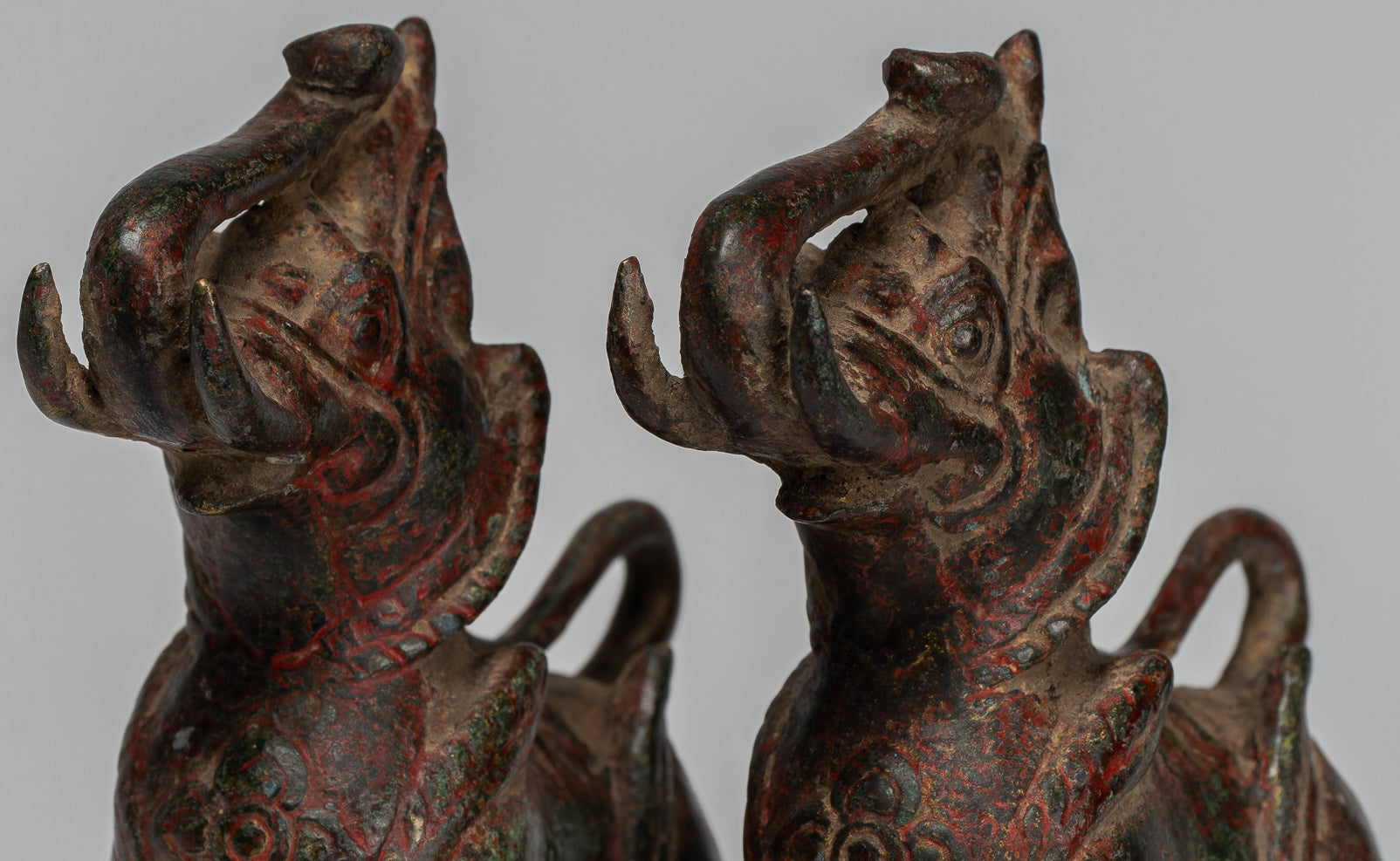 Antique Burmese Style Bronze Standing Chinthe Guardian Temple Lions - 11.5cm/5" (Pair)