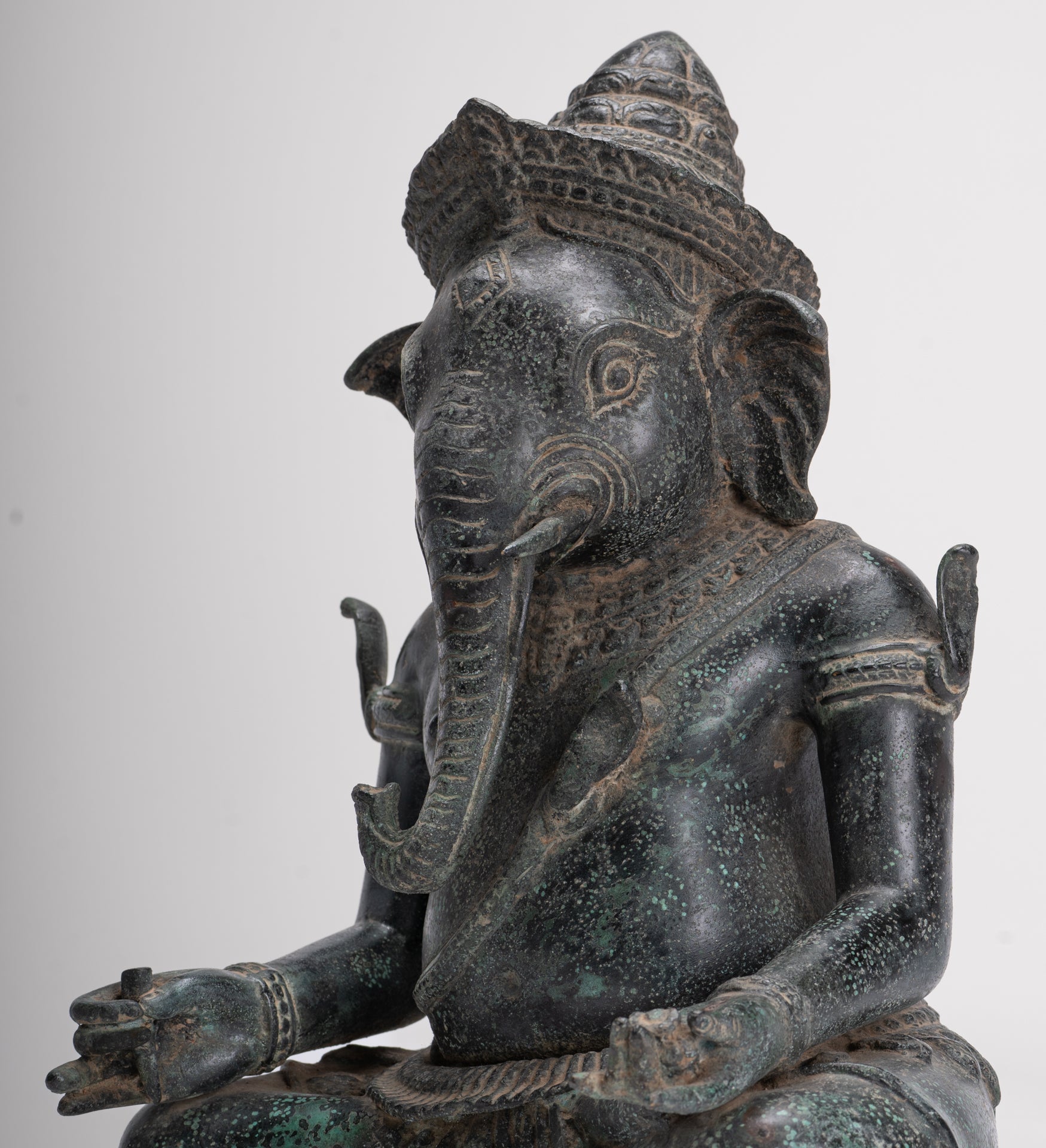 Ganesha Statue - Antique Khmer Style Bayon Seated Ganesh Statue - 36cm/14"