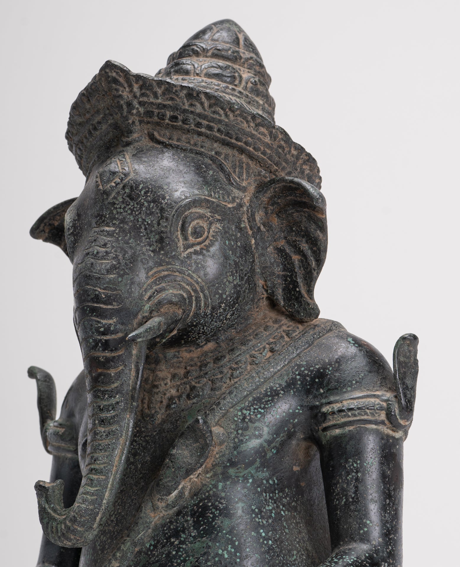 Ganesha Statue - Antique Khmer Style Bayon Seated Ganesh Statue - 36cm/14"