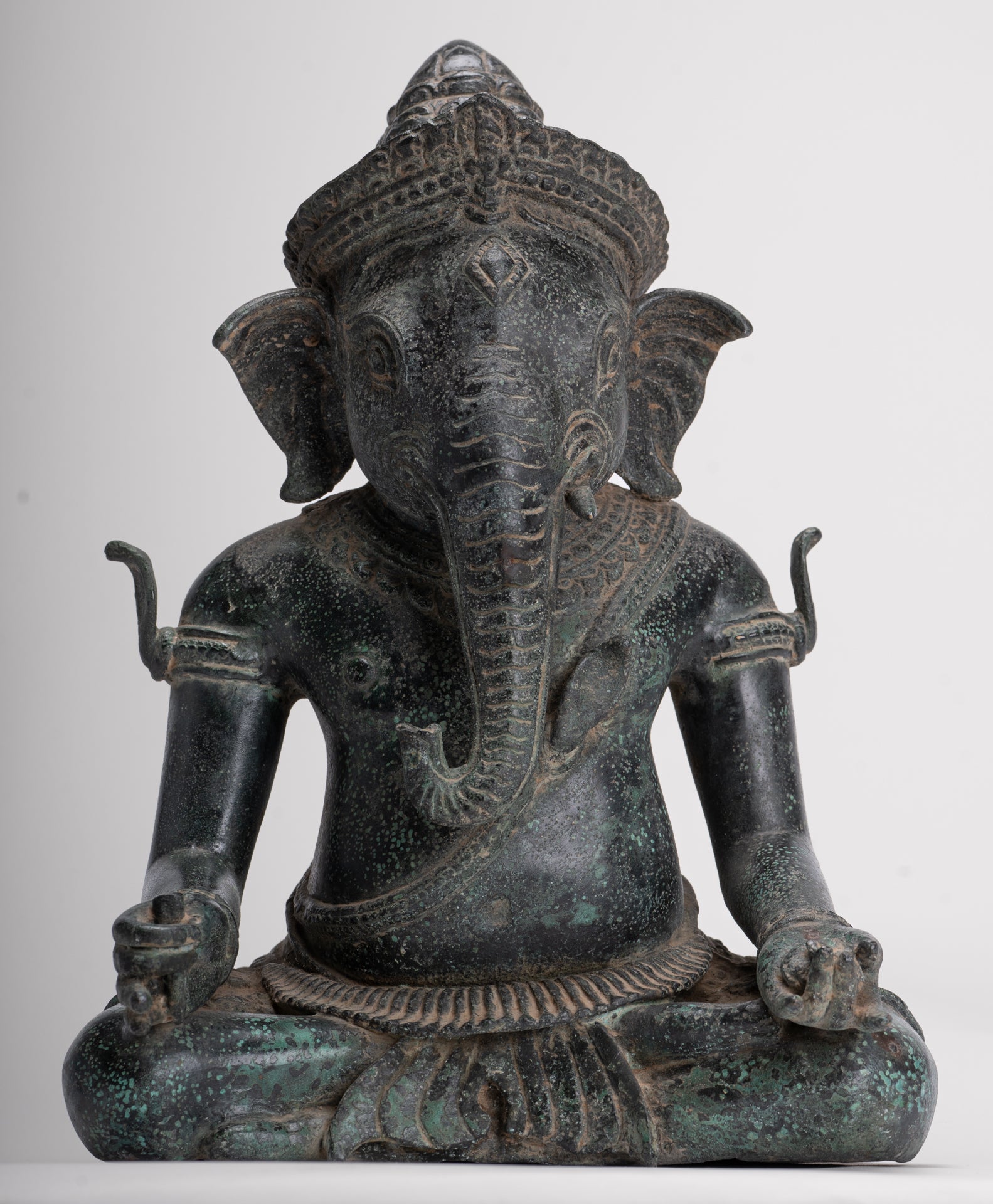 Ganesha Statue - Antique Khmer Style Bayon Seated Ganesh Statue - 36cm/14"