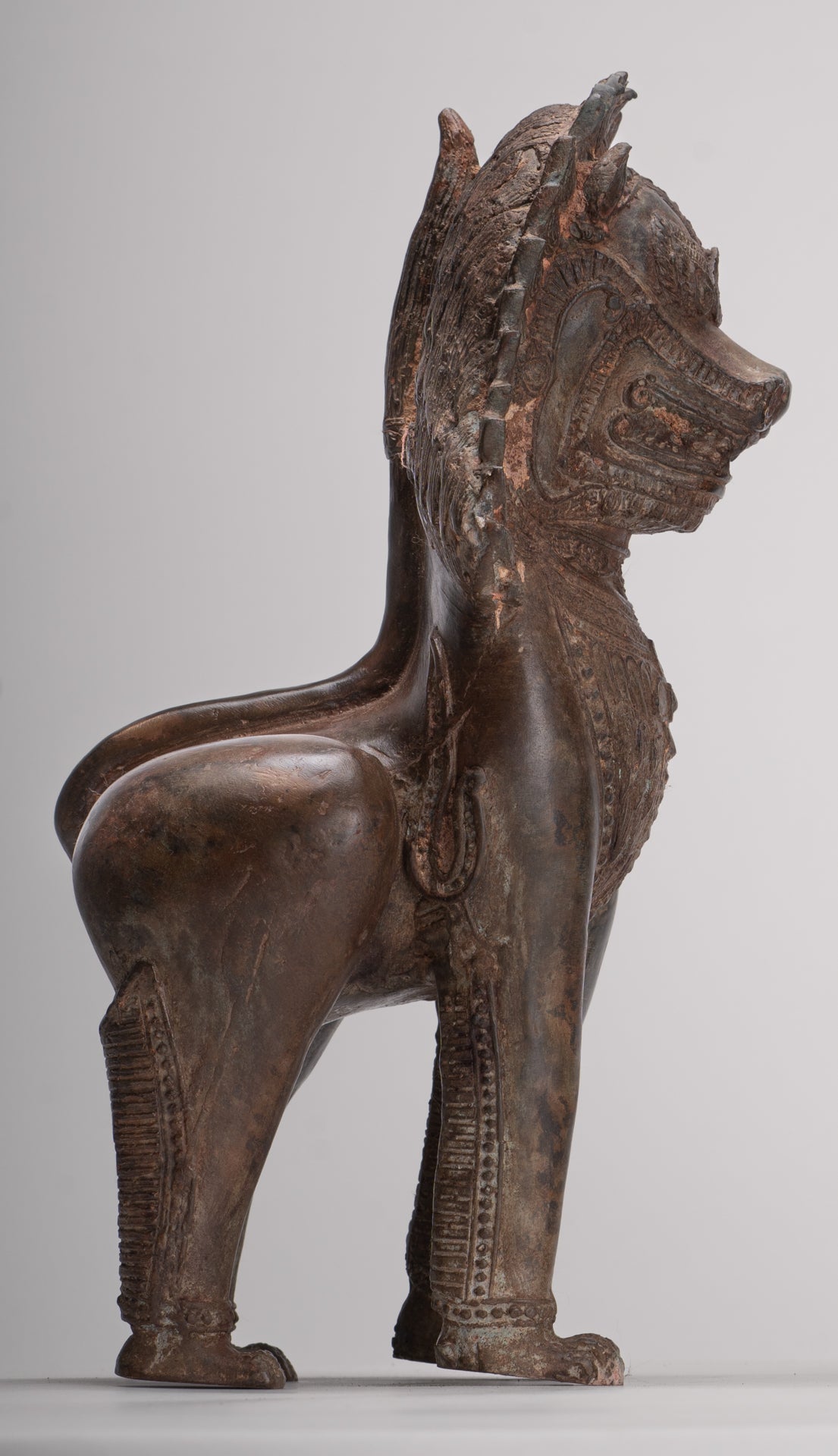 Temple Lion - Antique Thai Style Bronze Standing Singha Temple Guardians or Lions - 31cm/12" (Pair)