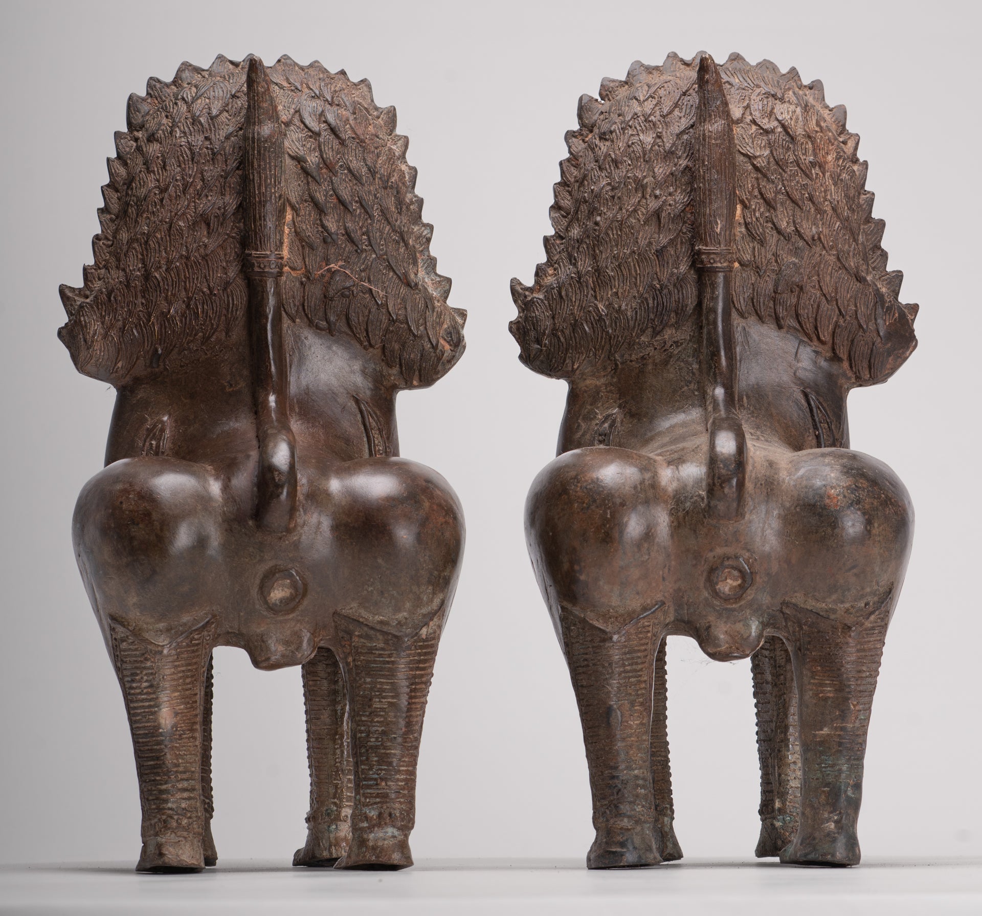 Temple Lion - Antique Thai Style Bronze Standing Singha Temple Guardians or Lions - 31cm/12" (Pair)