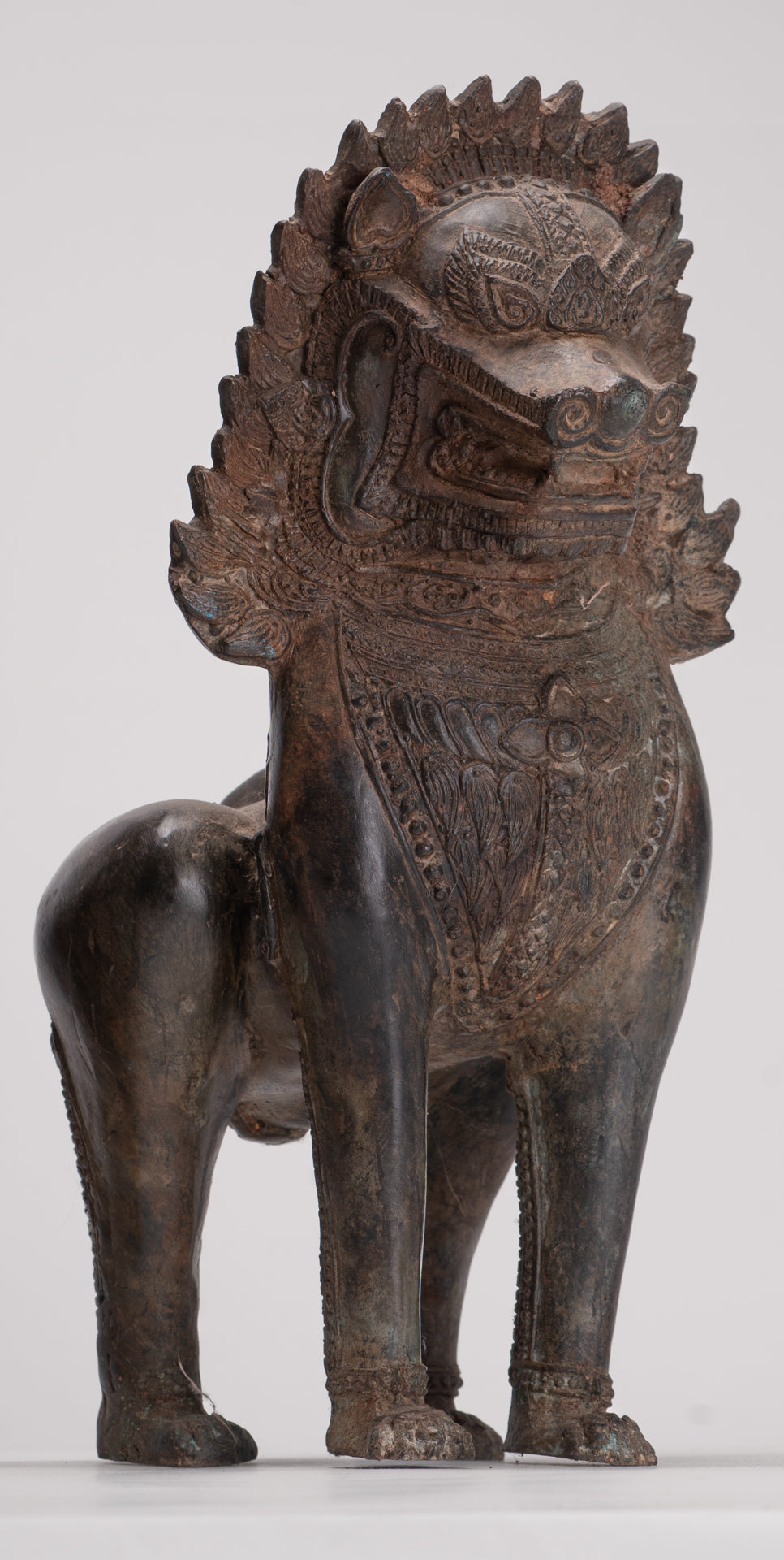 Temple Lion - Antique Thai Style Bronze Standing Singha Temple Guardians or Lions - 31cm/12" (Pair)