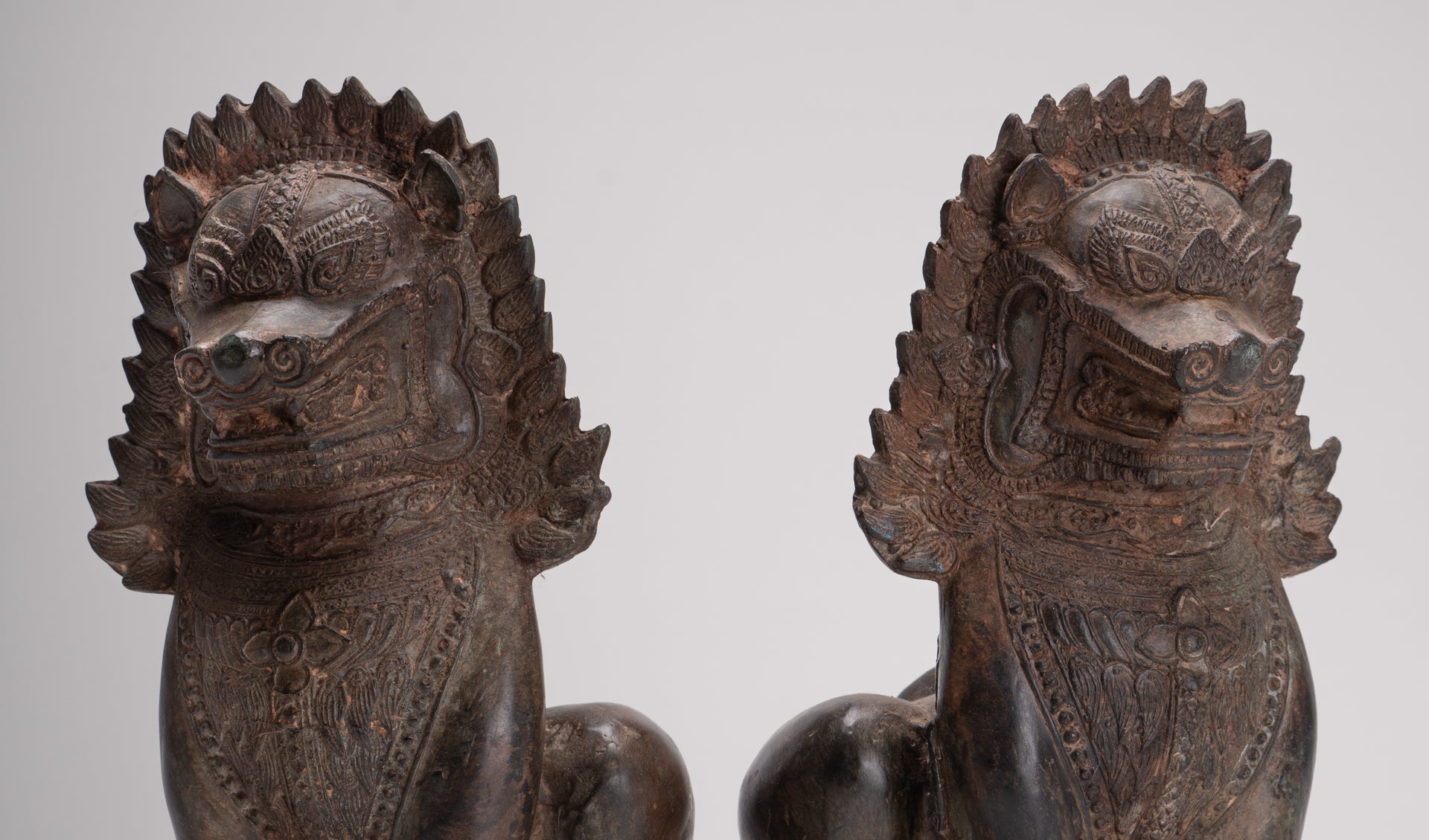 Temple Lion - Antique Thai Style Bronze Standing Singha Temple Guardians or Lions - 31cm/12" (Pair)