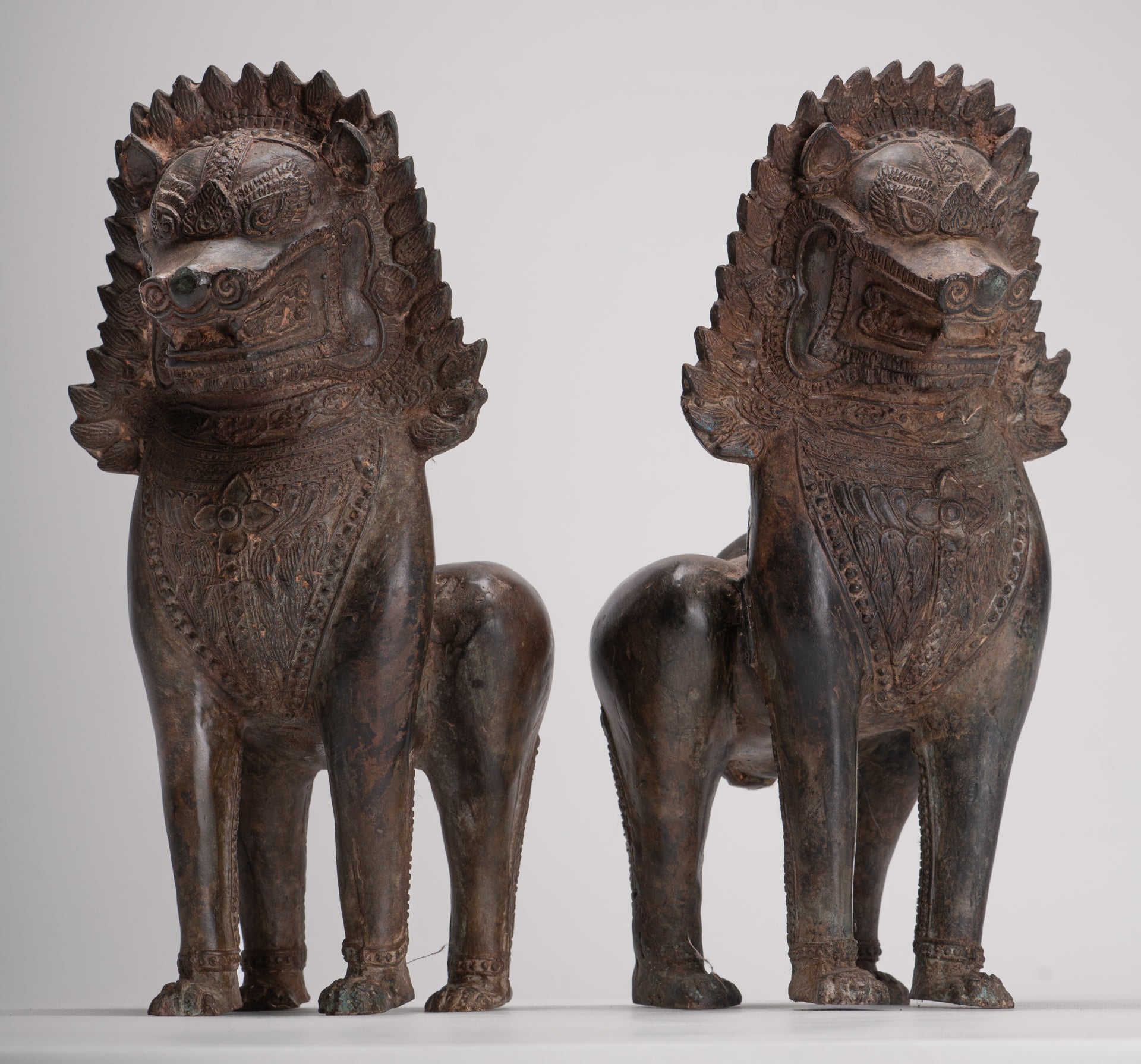 Temple Lion - Antique Thai Style Bronze Standing Singha Temple Guardians or Lions - 31cm/12" (Pair)