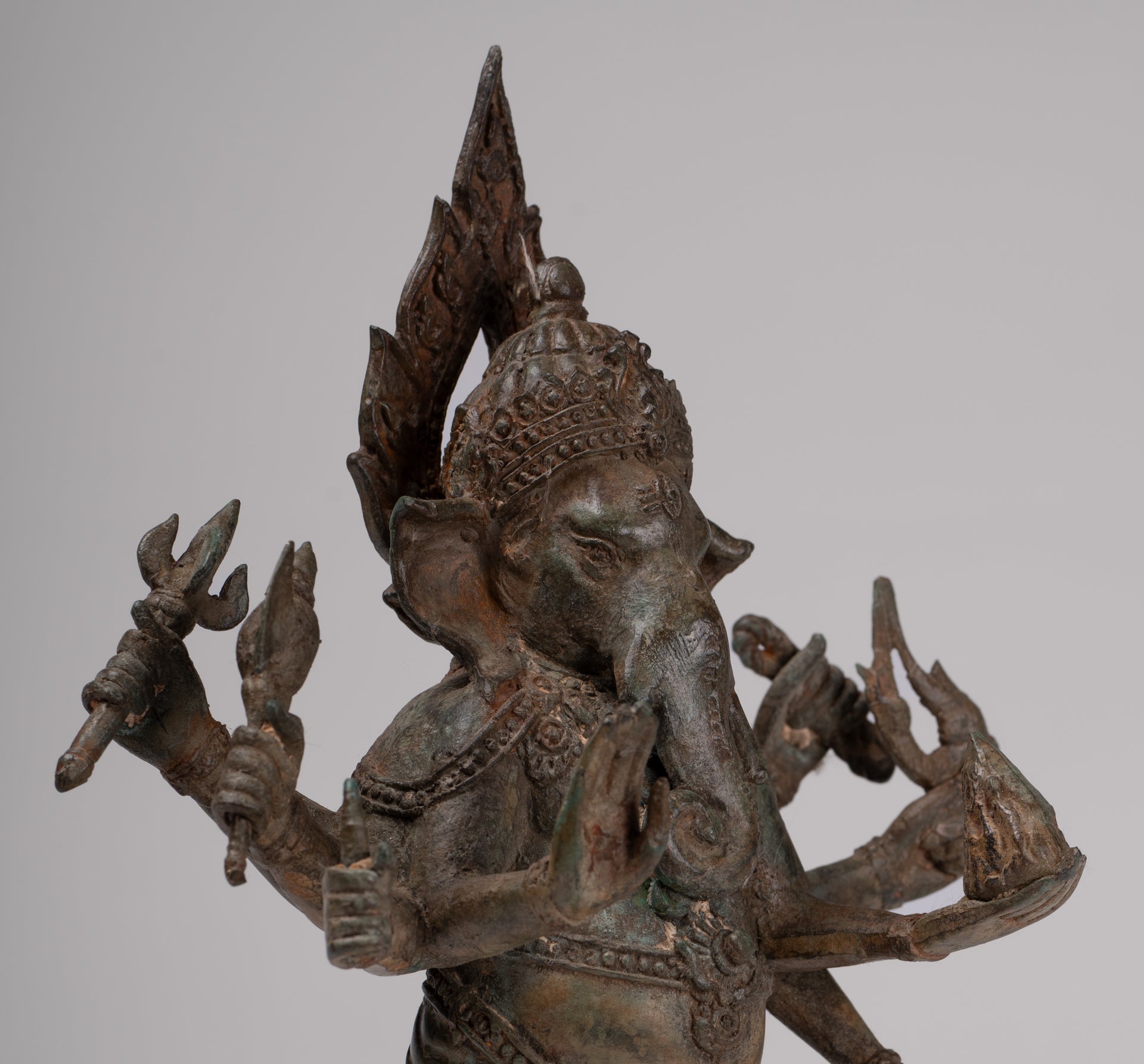 Ganesha Statue - Antique Thai Style Bronze Standing 8-Arm Ganesha Statue - 29cm/12"
