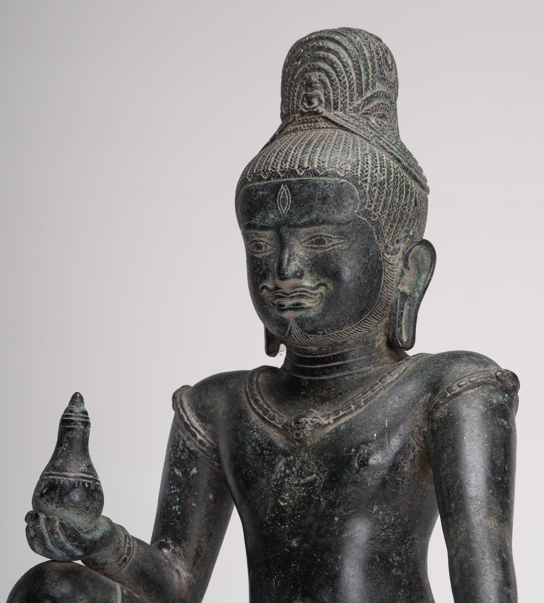 Lokeshvara Statue - Antique Khmer Style Seated Bronze Bayon Style Lokeshvara - 39cm/16"