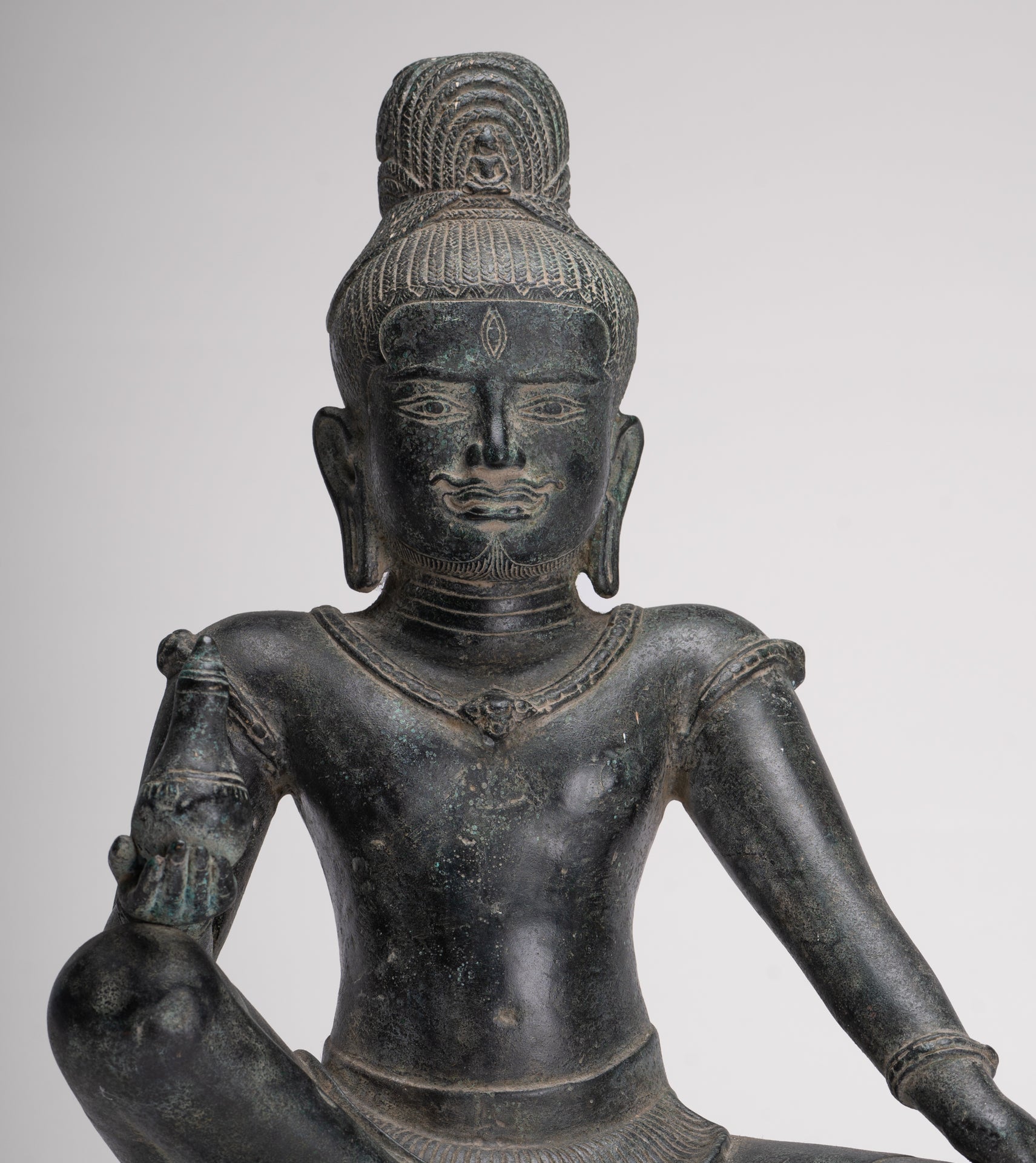 Lokeshvara Statue - Antique Khmer Style Seated Bronze Bayon Style Lokeshvara - 39cm/16"