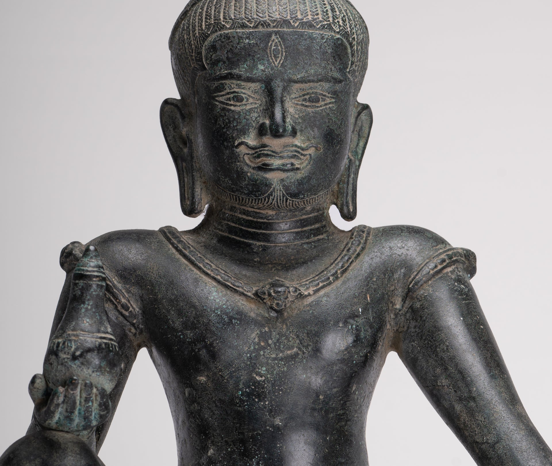 Lokeshvara Statue - Antique Khmer Style Seated Bronze Bayon Style Lokeshvara - 39cm/16"