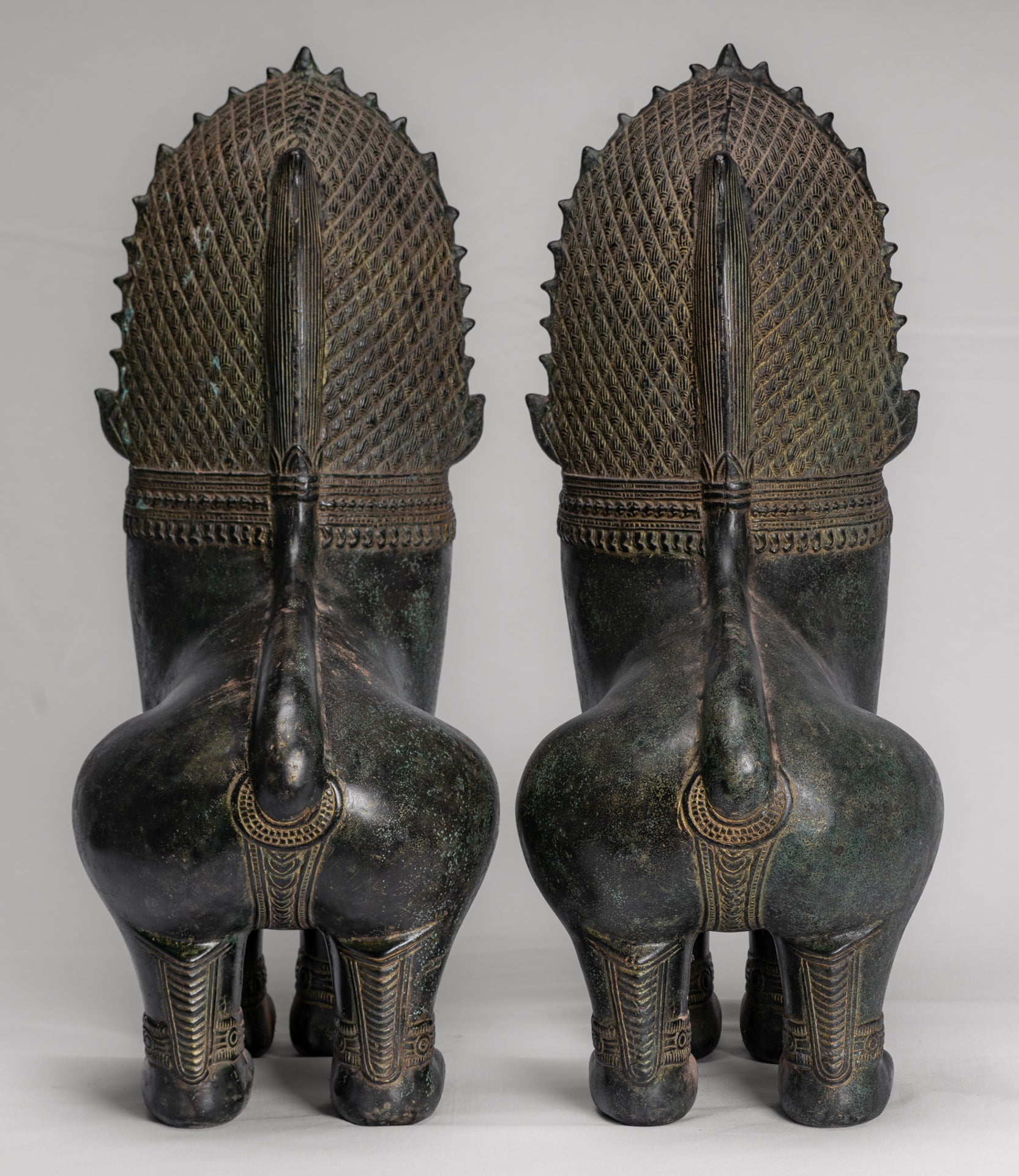 Temple Lions - Antique Khmer Style Bronze Standing Temple Guardians or Lions - 54cm/22" (Pair)