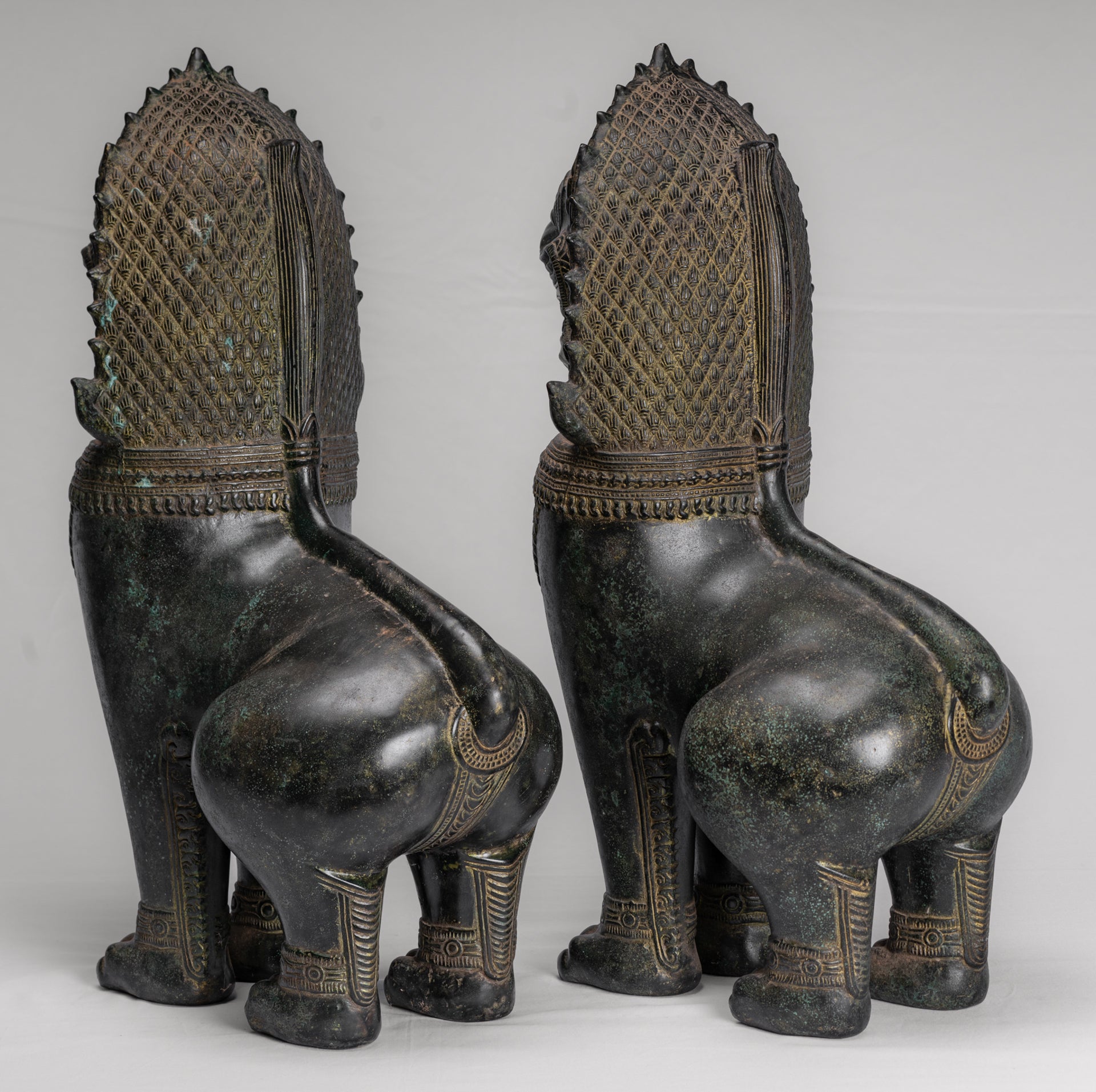 Temple Lions - Antique Khmer Style Bronze Standing Temple Guardians or Lions - 54cm/22" (Pair)