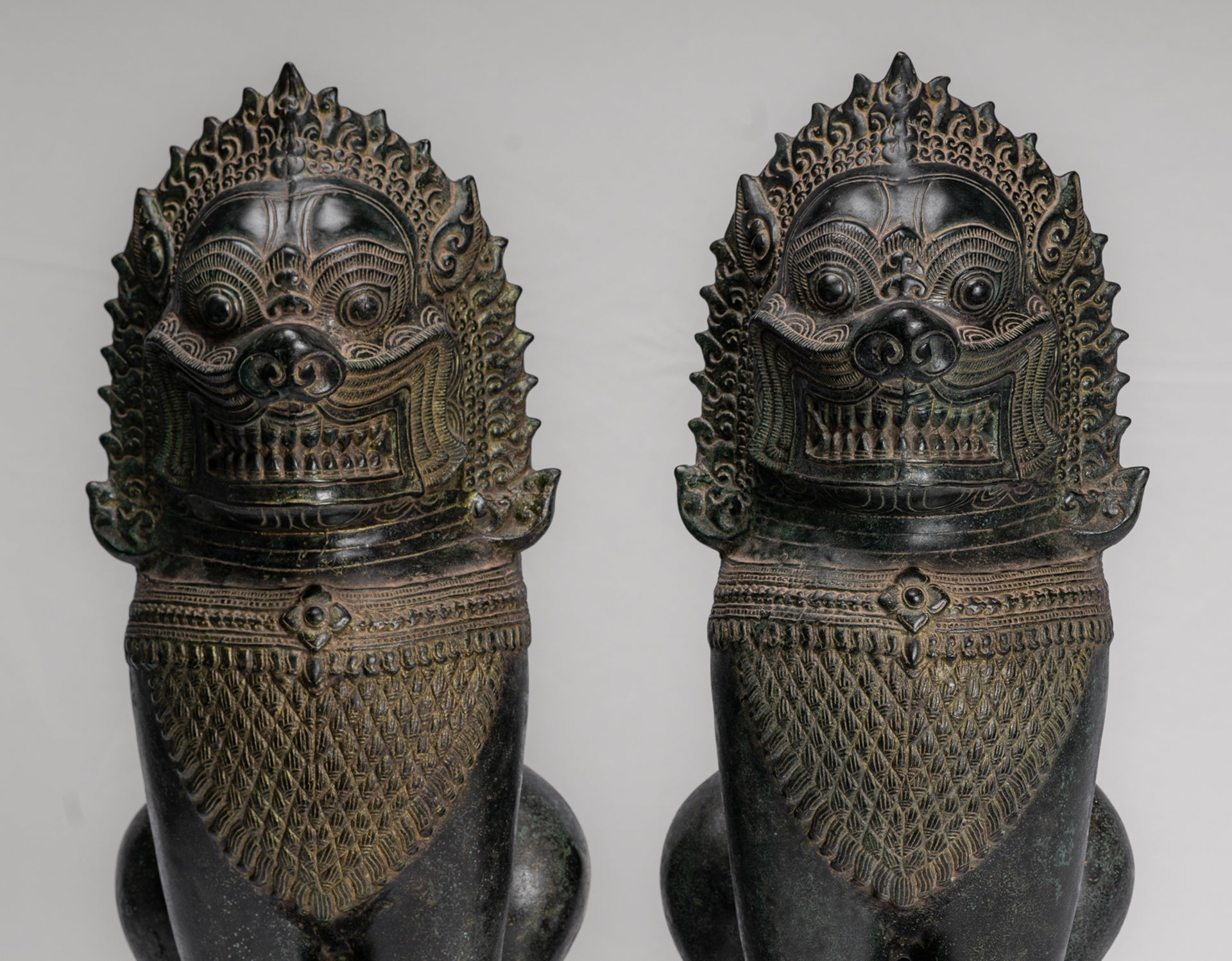 Temple Lions - Antique Khmer Style Bronze Standing Temple Guardians or Lions - 54cm/22" (Pair)