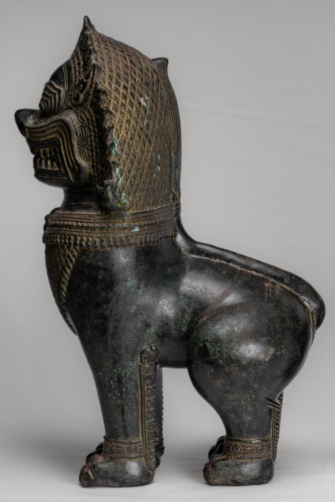 Temple Lions - Antique Khmer Style Bronze Standing Temple Guardians or Lions - 54cm/22" (Pair)