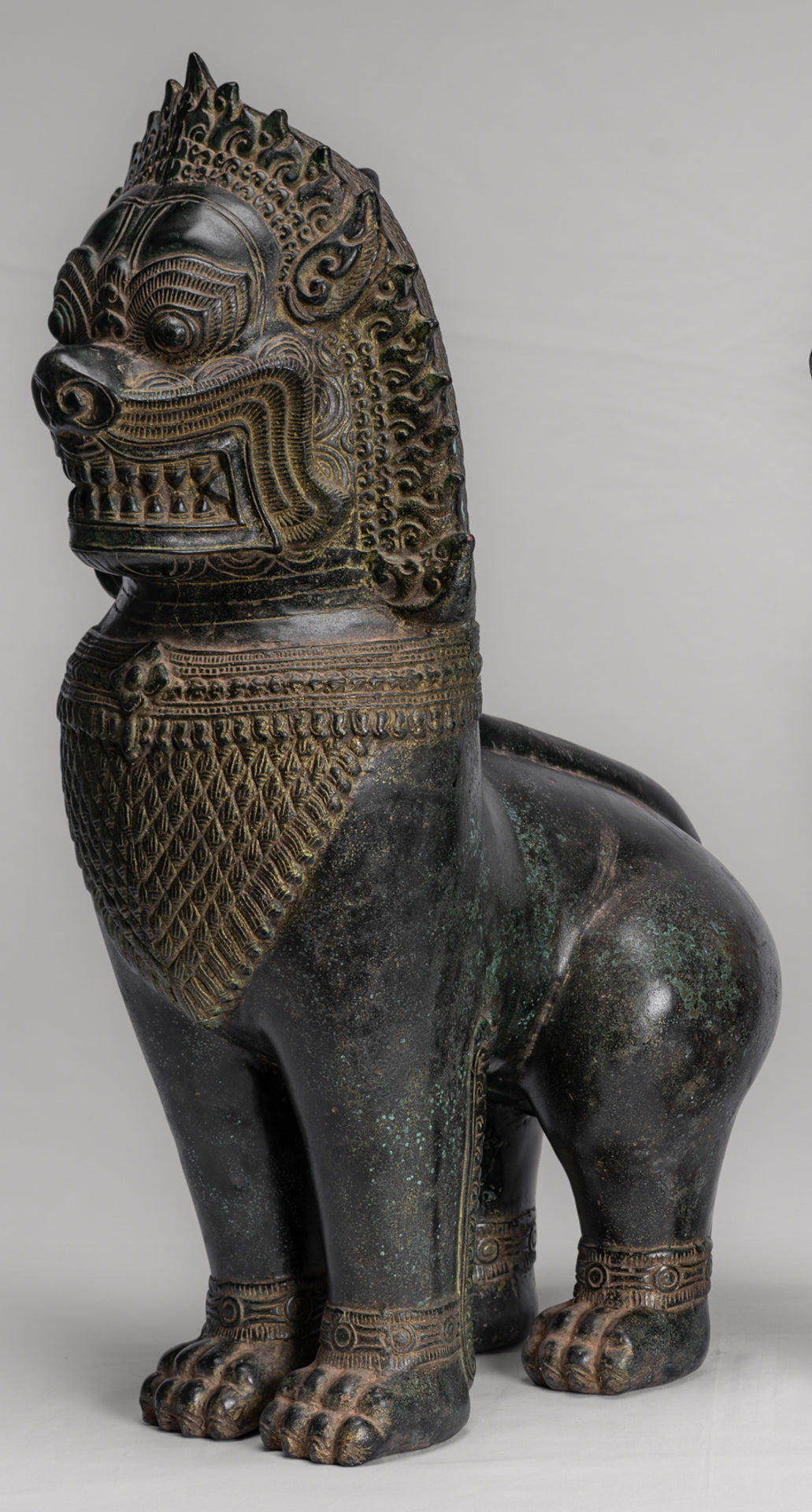 Temple Lions - Antique Khmer Style Bronze Standing Temple Guardians or Lions - 54cm/22" (Pair)