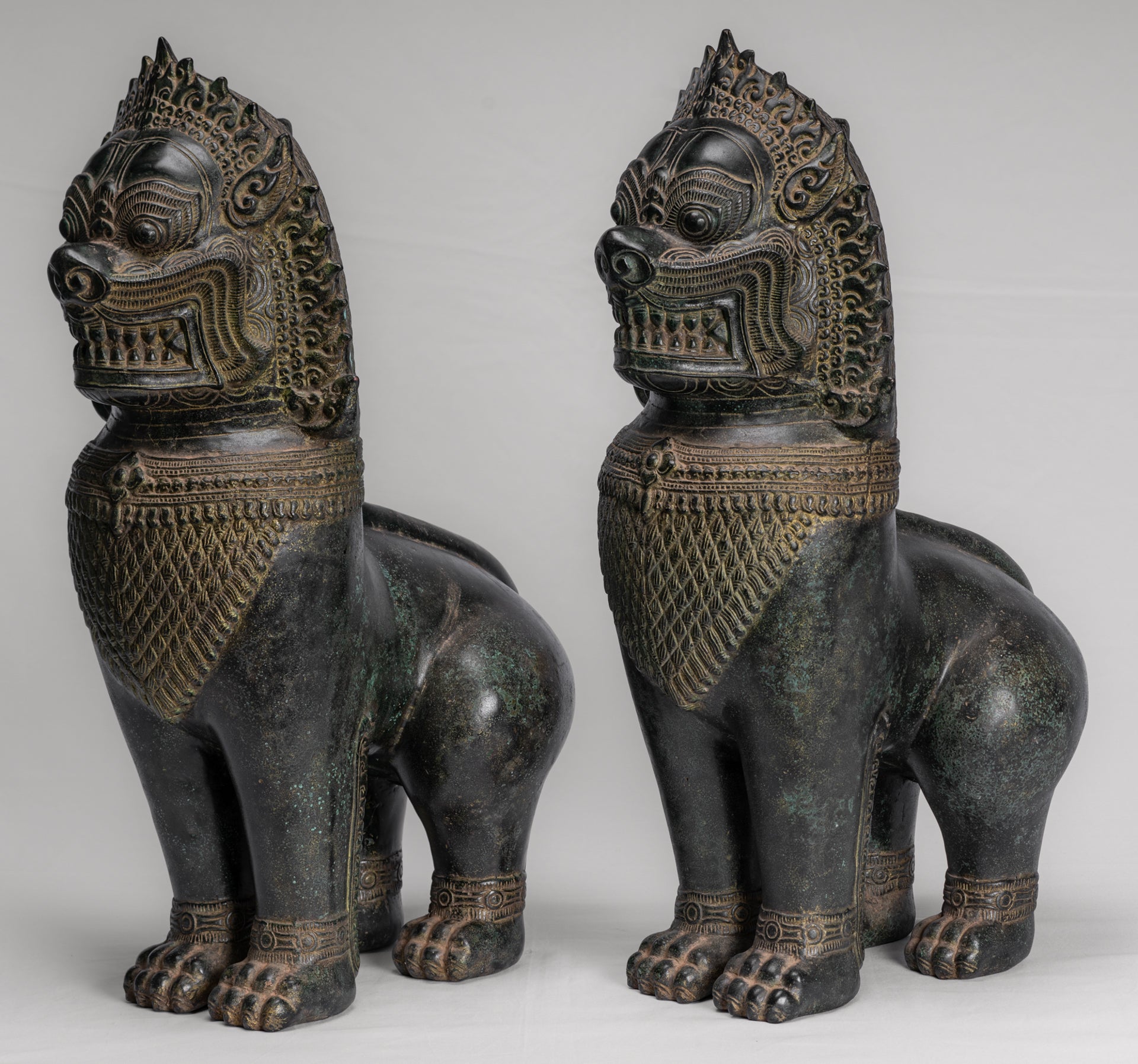 Temple Lions - Antique Khmer Style Bronze Standing Temple Guardians or Lions - 54cm/22" (Pair)