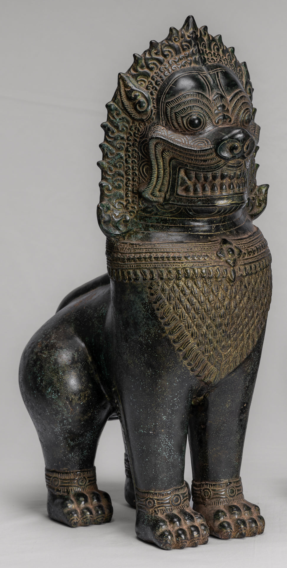 Temple Lions - Antique Khmer Style Bronze Standing Temple Guardians or Lions - 54cm/22" (Pair)