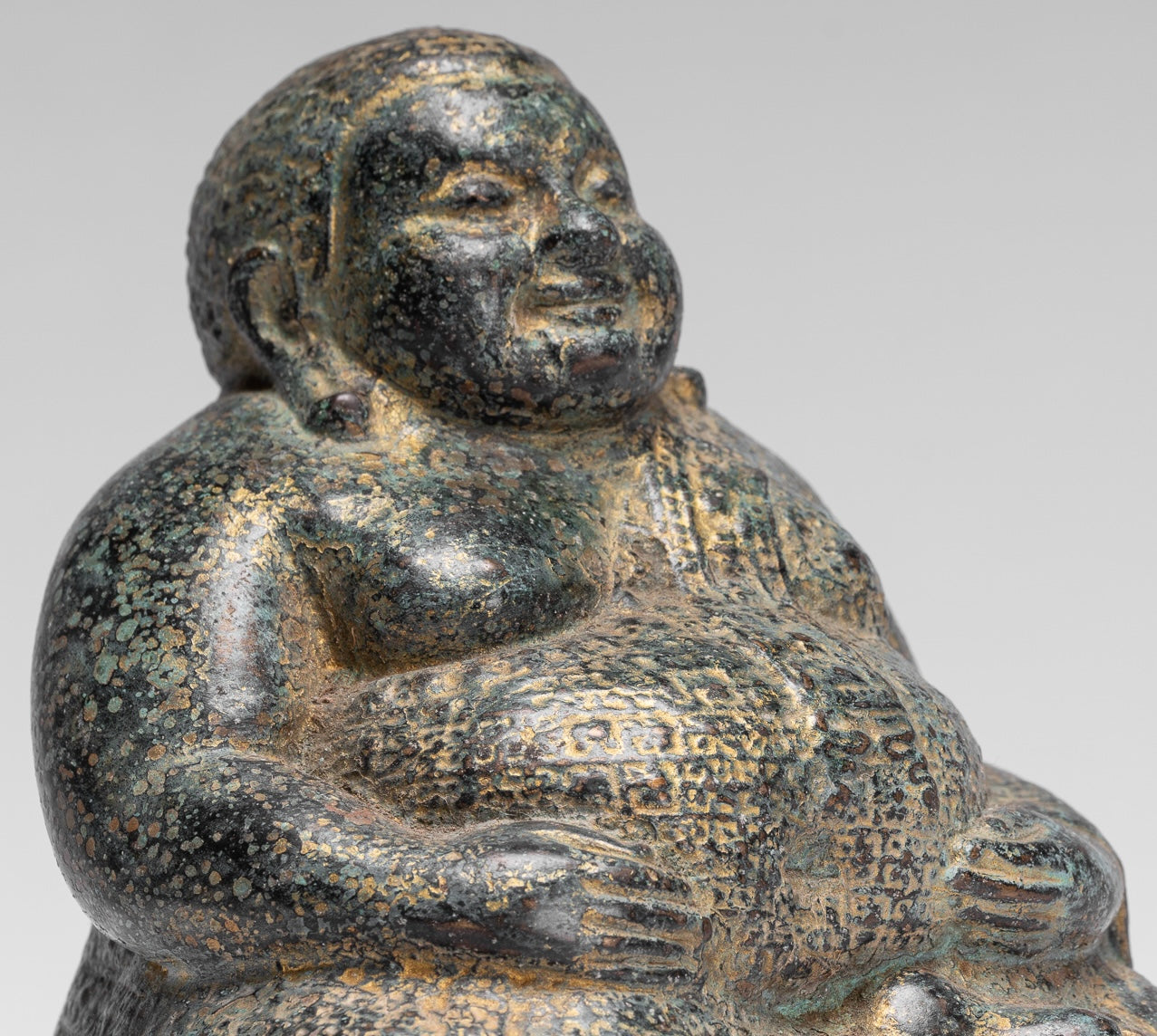 Buddha Statue - Antique Khmer Style Bronze Happy, Fat, Laughing Buddha Budai Statue - 18cm/7"