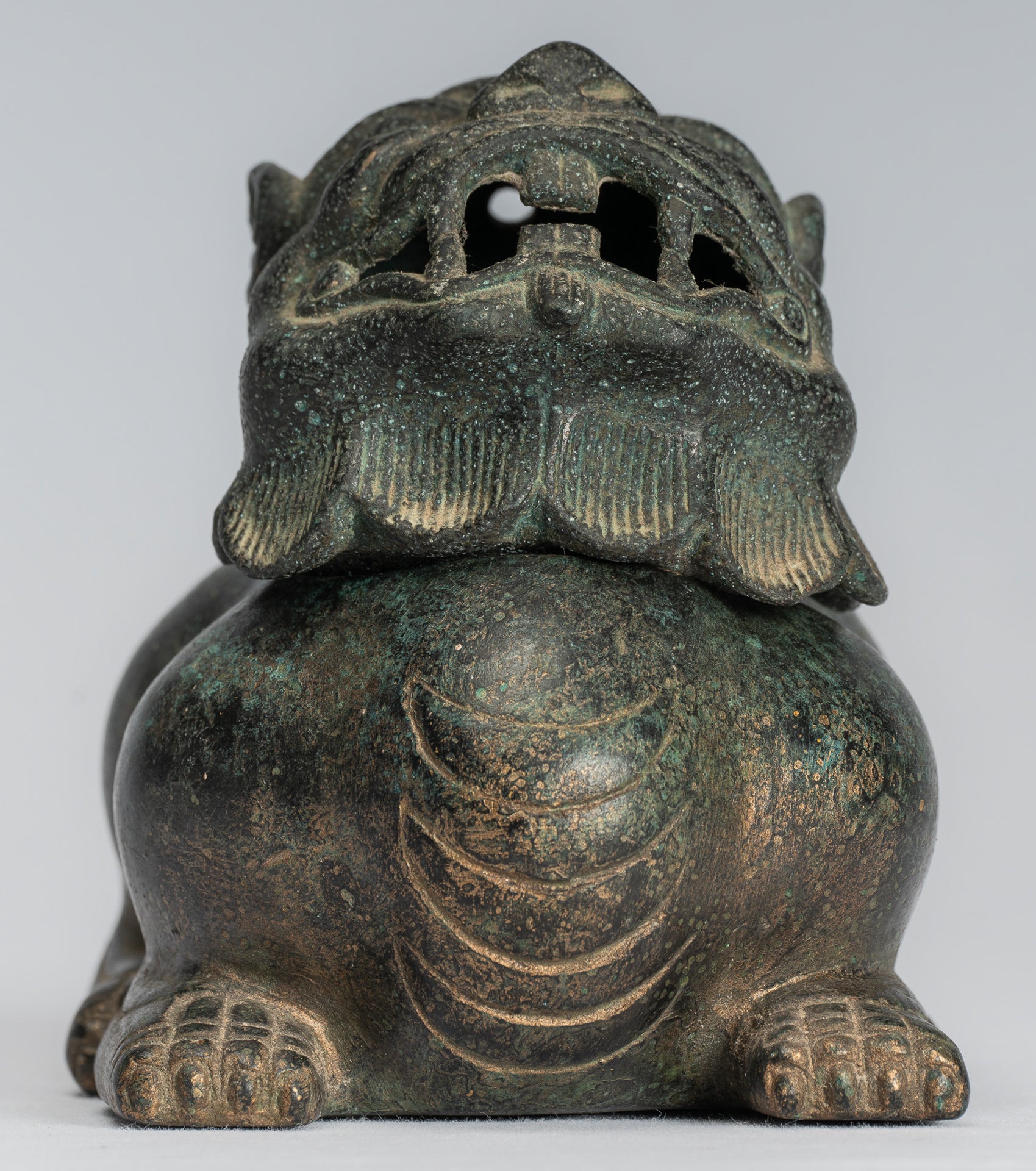 Antique Chinese Style Bronze Two Piece Dragon Censer or Incense Burner and Incense Stick Holder - 12cm/5" Tall