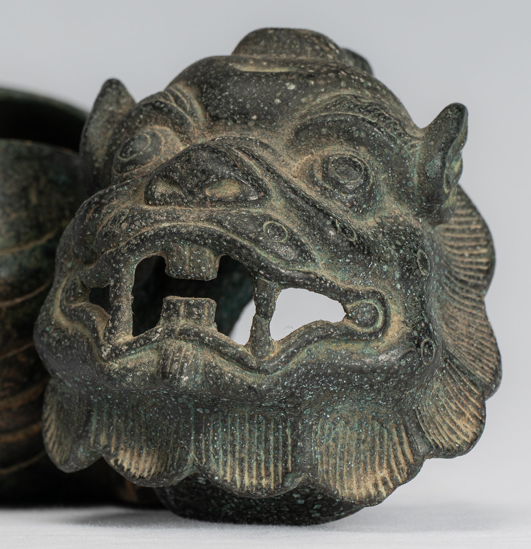 Antique Chinese Style Bronze Two Piece Dragon Censer or Incense Burner and Incense Stick Holder - 12cm/5" Tall
