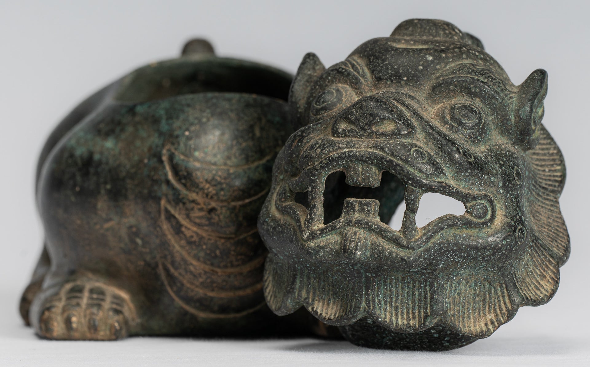 Antique Chinese Style Bronze Two Piece Dragon Censer or Incense Burner and Incense Stick Holder - 12cm/5" Tall