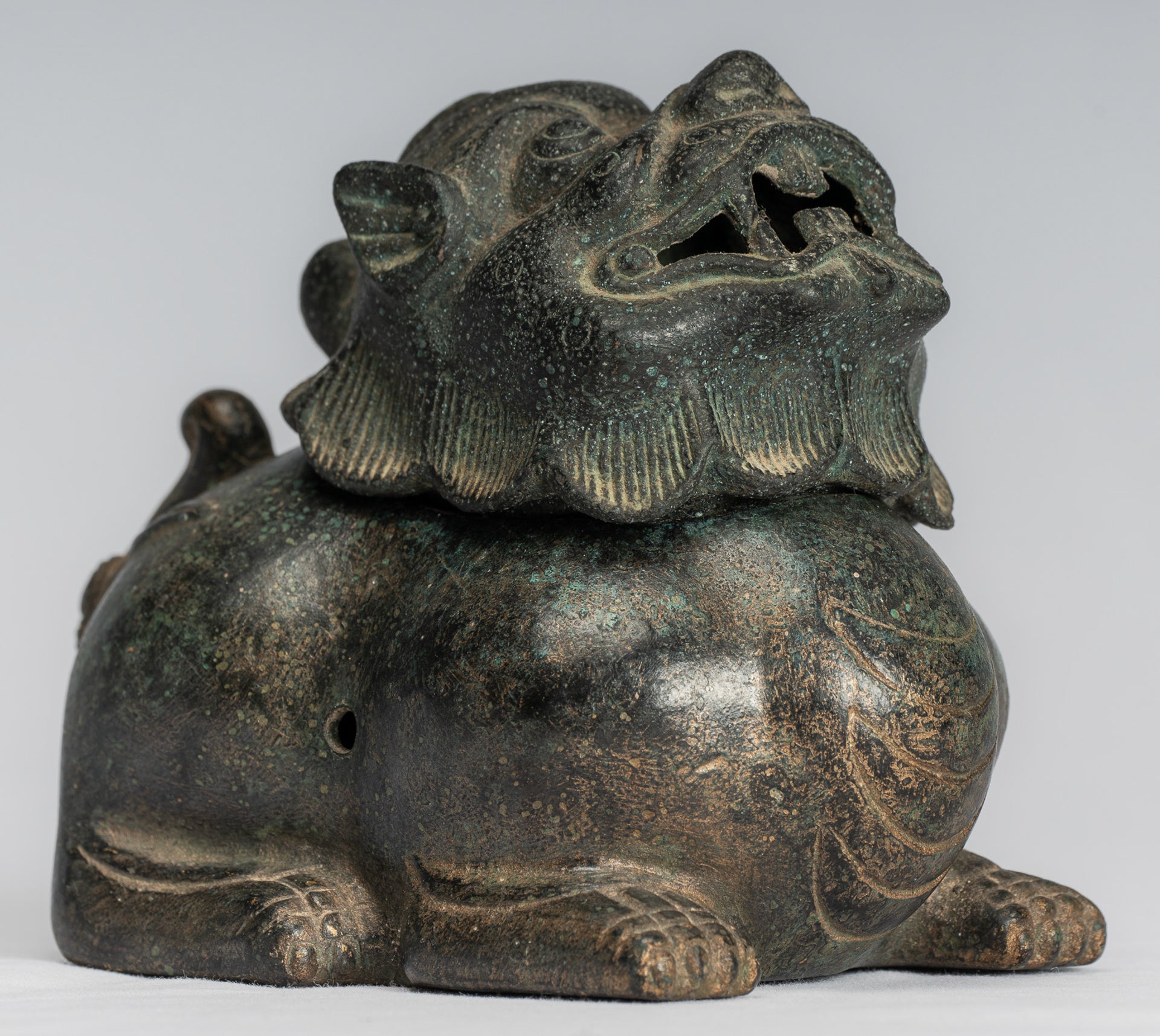 Antique Chinese Style Bronze Two Piece Dragon Censer or Incense Burner and Incense Stick Holder - 12cm/5" Tall