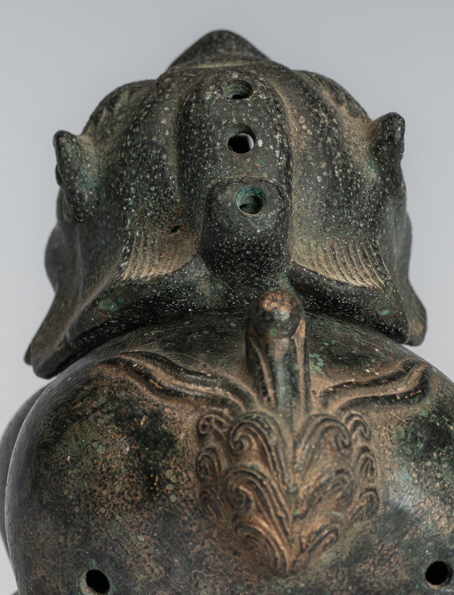 Antique Chinese Style Bronze Two Piece Dragon Censer or Incense Burner and Incense Stick Holder - 12cm/5" Tall