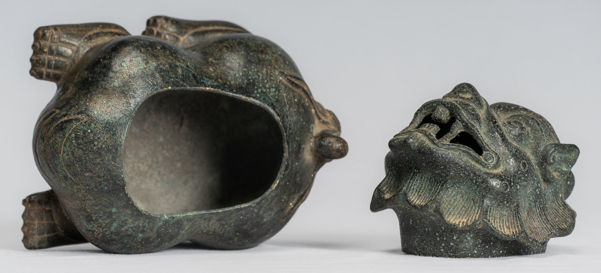 Antique Chinese Style Bronze Two Piece Dragon Censer or Incense Burner and Incense Stick Holder - 12cm/5" Tall