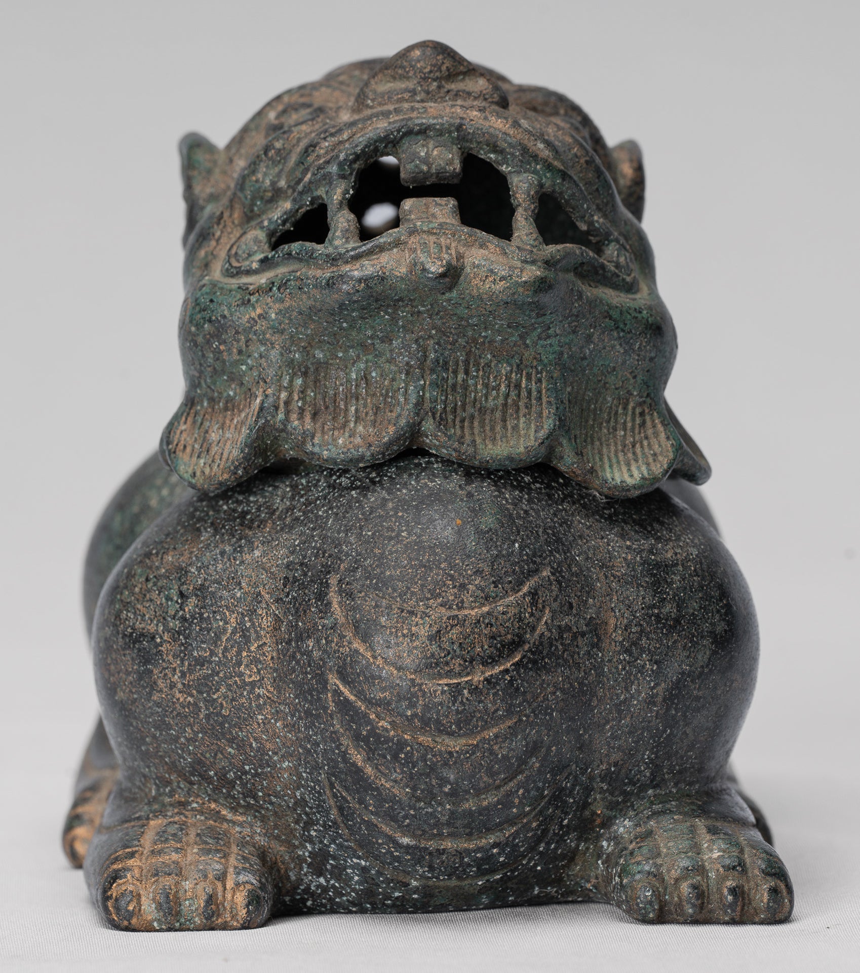 Antique Chinese Style Bronze Two Piece Dragon Censer or Incense Burner and Incense Stick Holder - 12cm/5" Tall