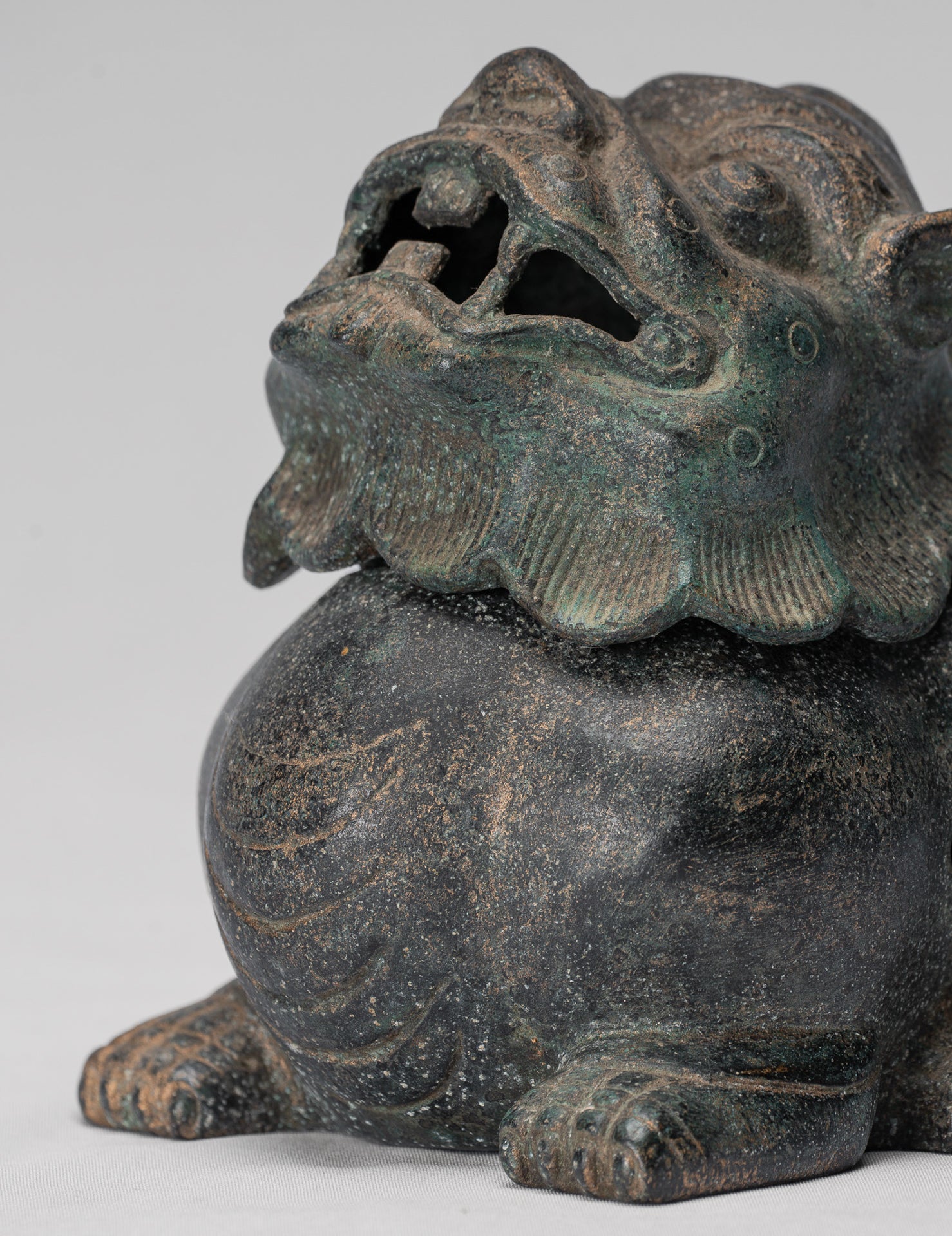 Antique Chinese Style Bronze Two Piece Dragon Censer or Incense Burner and Incense Stick Holder - 12cm/5" Tall