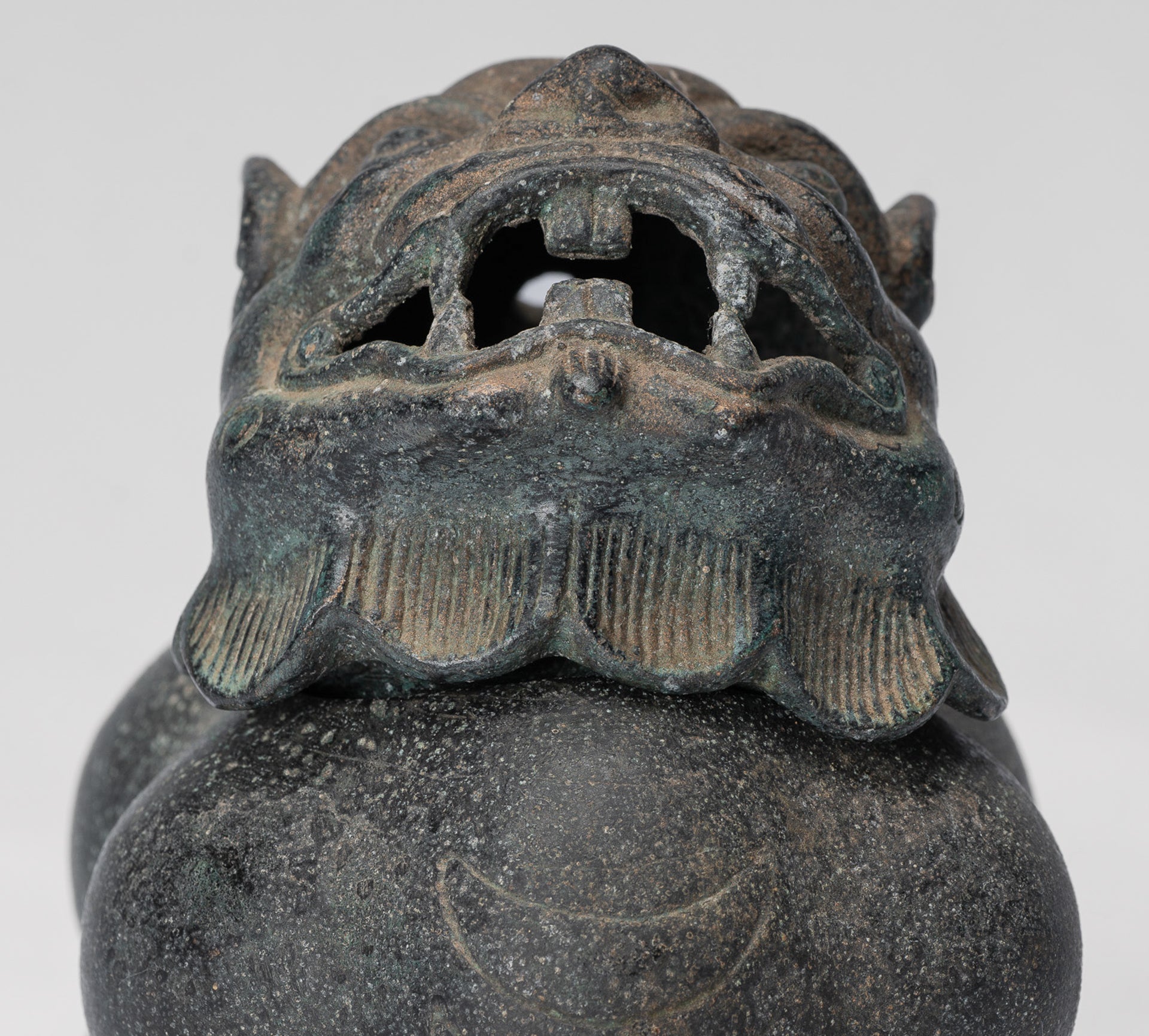 Antique Chinese Style Bronze Two Piece Dragon Censer or Incense Burner and Incense Stick Holder - 12cm/5" Tall