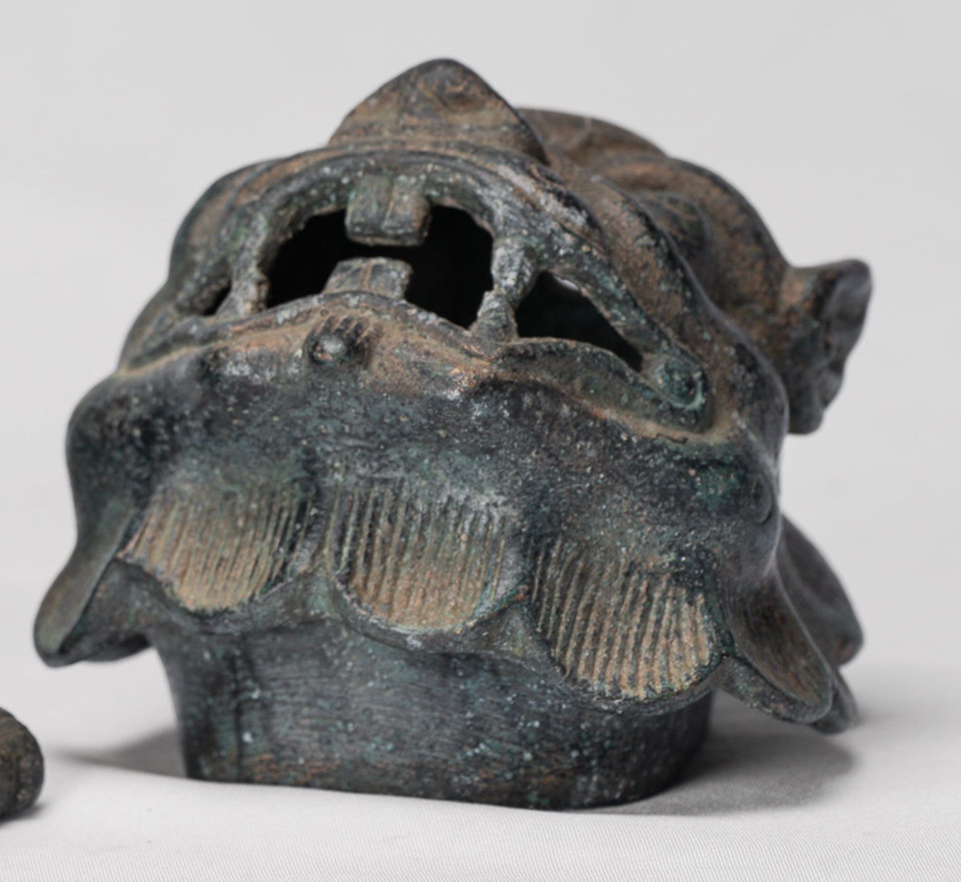 Antique Chinese Style Bronze Two Piece Dragon Censer or Incense Burner and Incense Stick Holder - 12cm/5" Tall