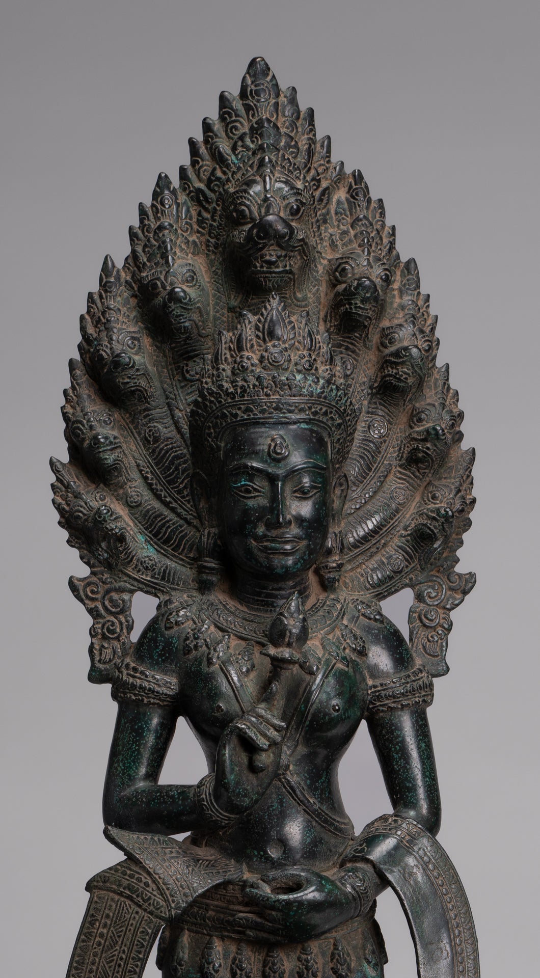 Naga Statue - Antique Khmer Style Bronze Protective 'Queen Soma' Mother of Naga, Snake or Serpent Statue - 76cm/30"