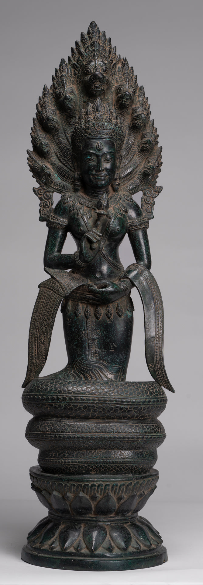 Naga Statue - Antique Khmer Style Bronze Protective 'Queen Soma' Mother of Naga, Snake or Serpent Statue - 76cm/30"