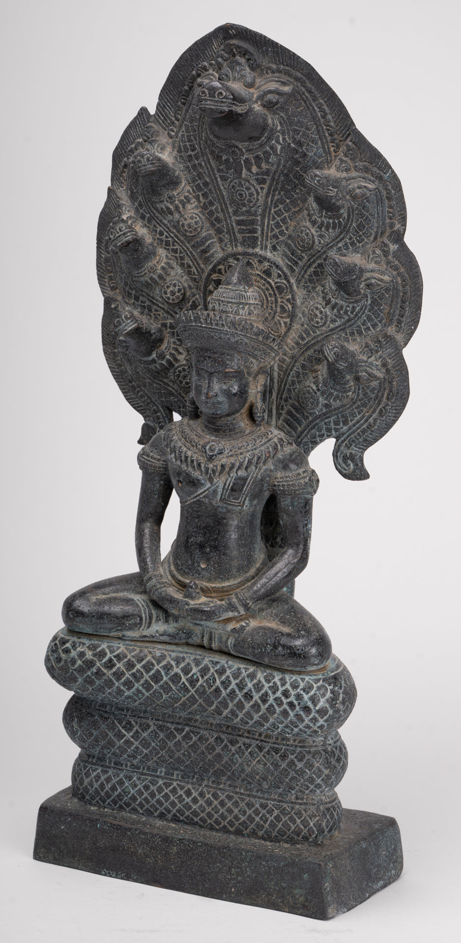 Buddha Statue - Antique Khmer Style Bronze Seated Meditation Naga Buddha Statue - 45cm/18"