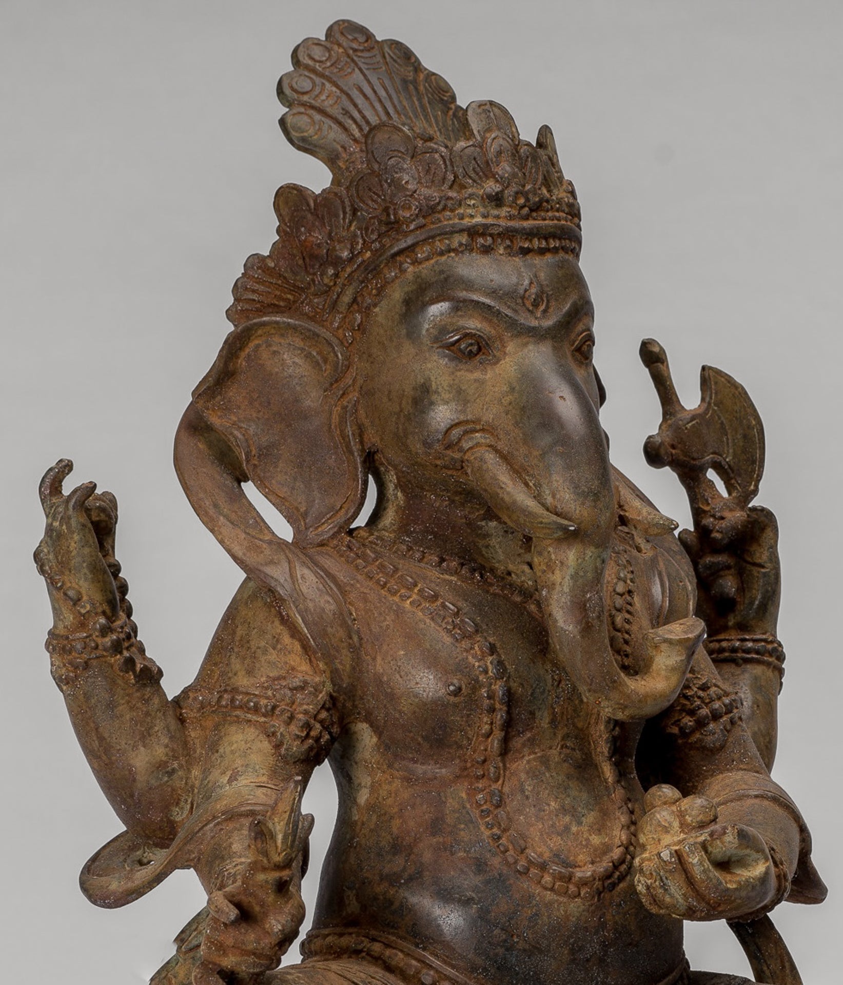 Ganesha Statue - Antique Javanese Style Bronze Seated Majapahit Ganesha Statue - 36cm/14"