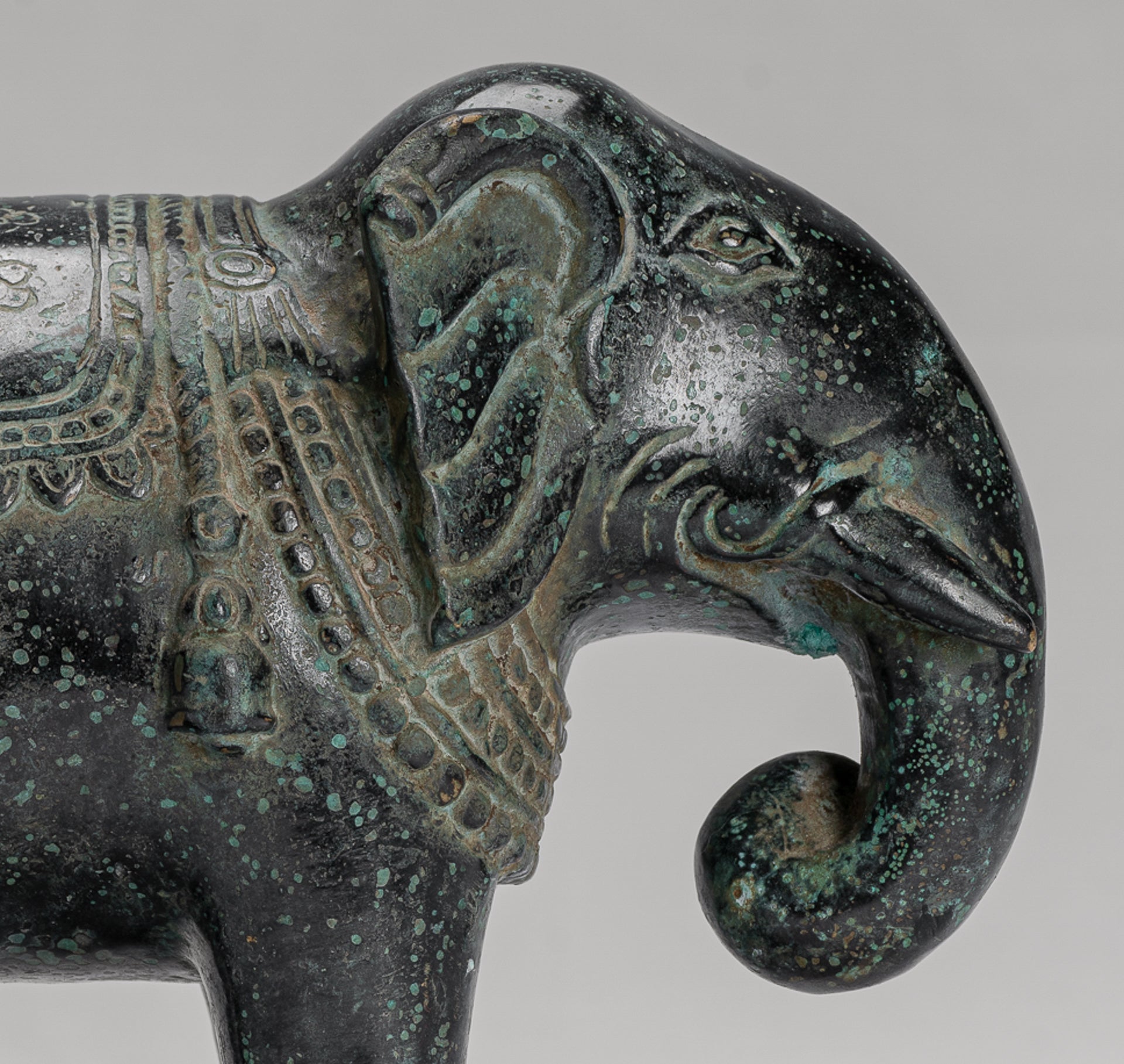 Antique Khmer Style Standing Bronze Elephant Statue - 17cm/7" Tall