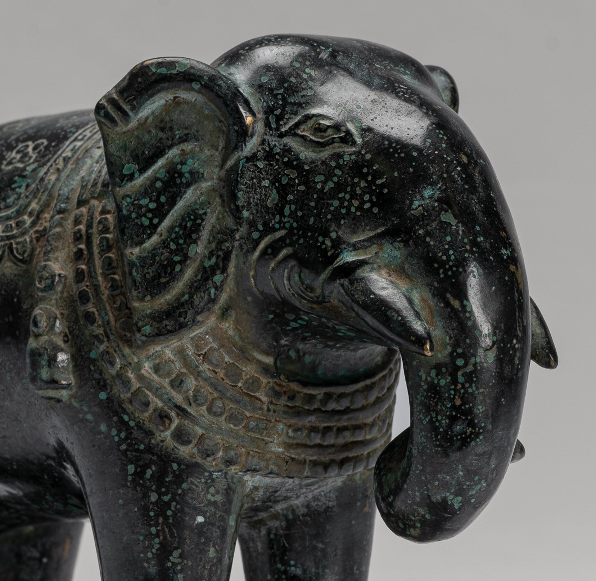 Antique Khmer Style Standing Bronze Elephant Statue - 17cm/7" Tall